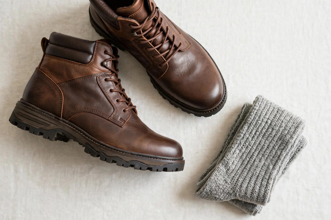 Flat lay of a pair of men's leather walking boots with cushioned collars and lugged soles beside folded boot socks on a neutral background