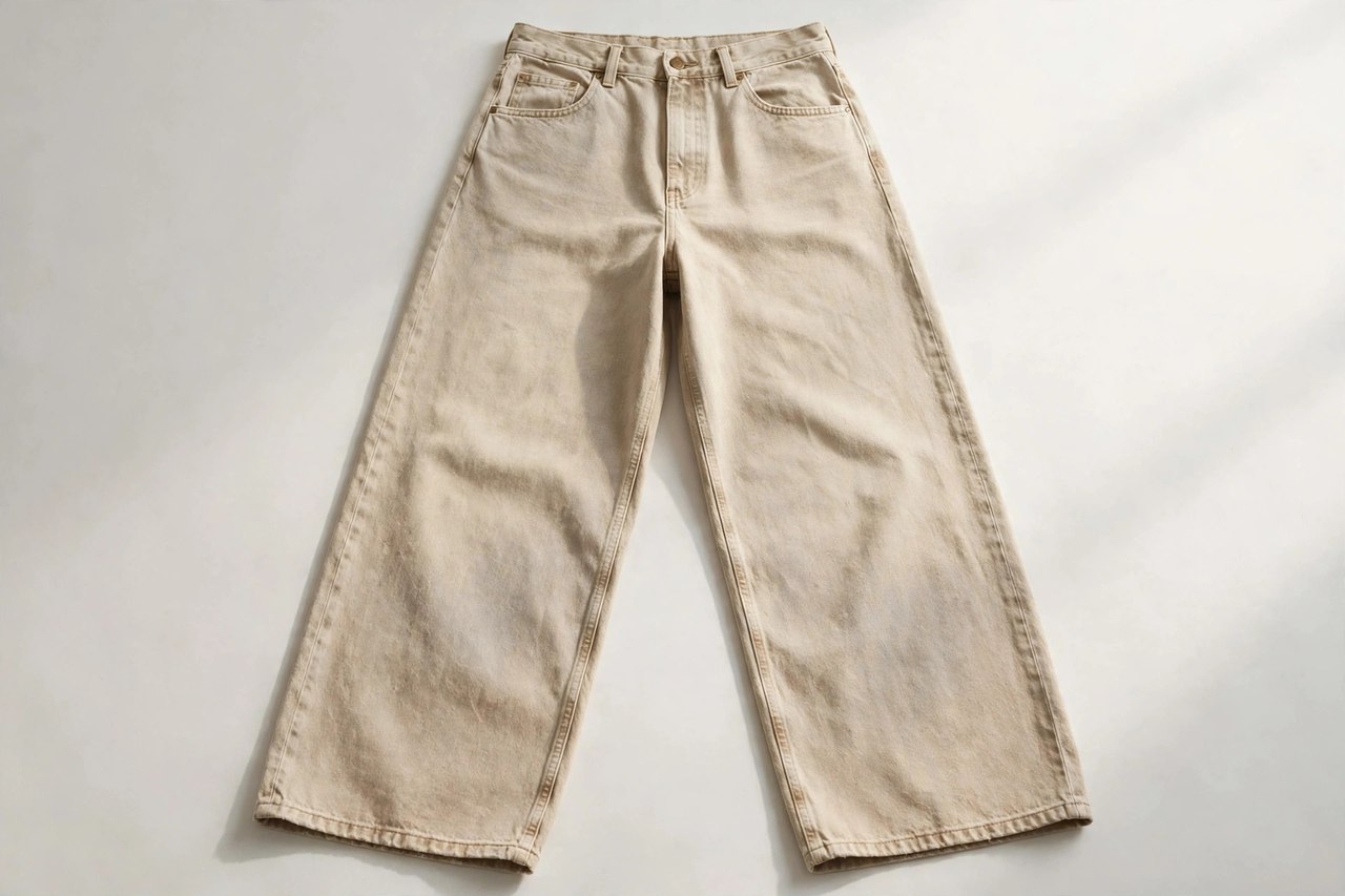 Men's wide-leg jeans in an ecru-tinged faded wash laid flat, showing the full width of the leg from hip to hem, product photography with no people