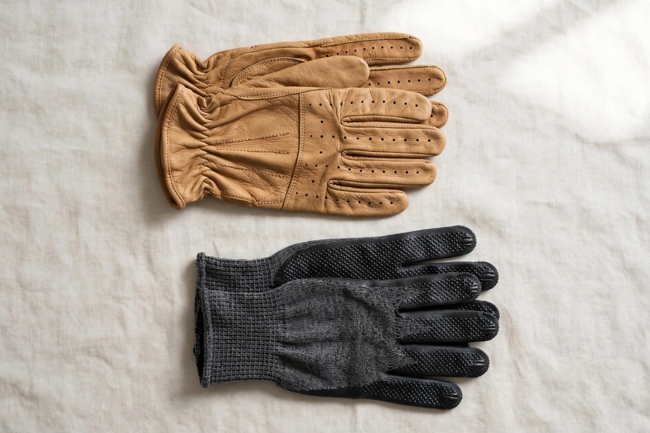 Flat lay of men's work gloves - a pair of tan leather driver gloves and a pair of coated knit grip gloves - arranged on a neutral background