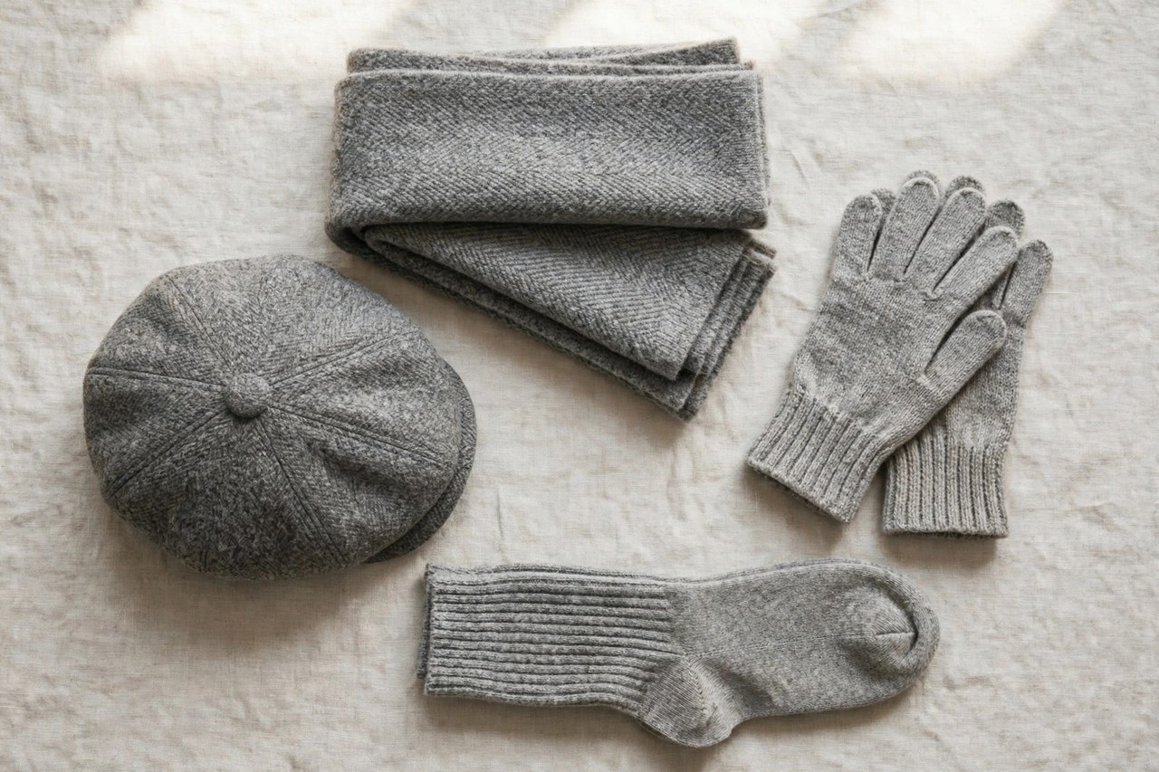 Flat lay of men's wool accessories - a folded grey wool scarf, a wool flat cap, knitted wool gloves and wool socks arranged on a neutral background