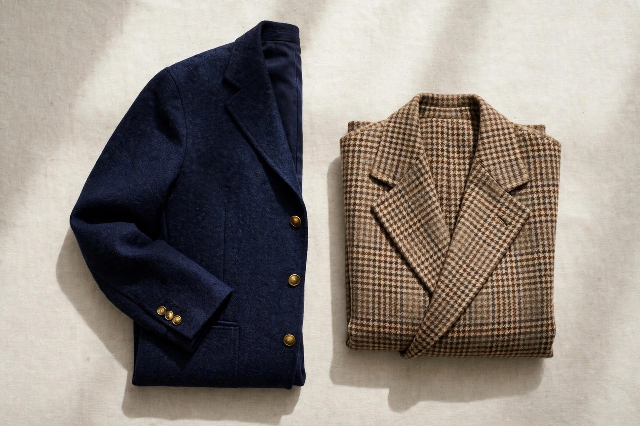 Flat lay of a navy men's wool blazer with brass buttons folded beside a checked wool sports coat on a neutral background