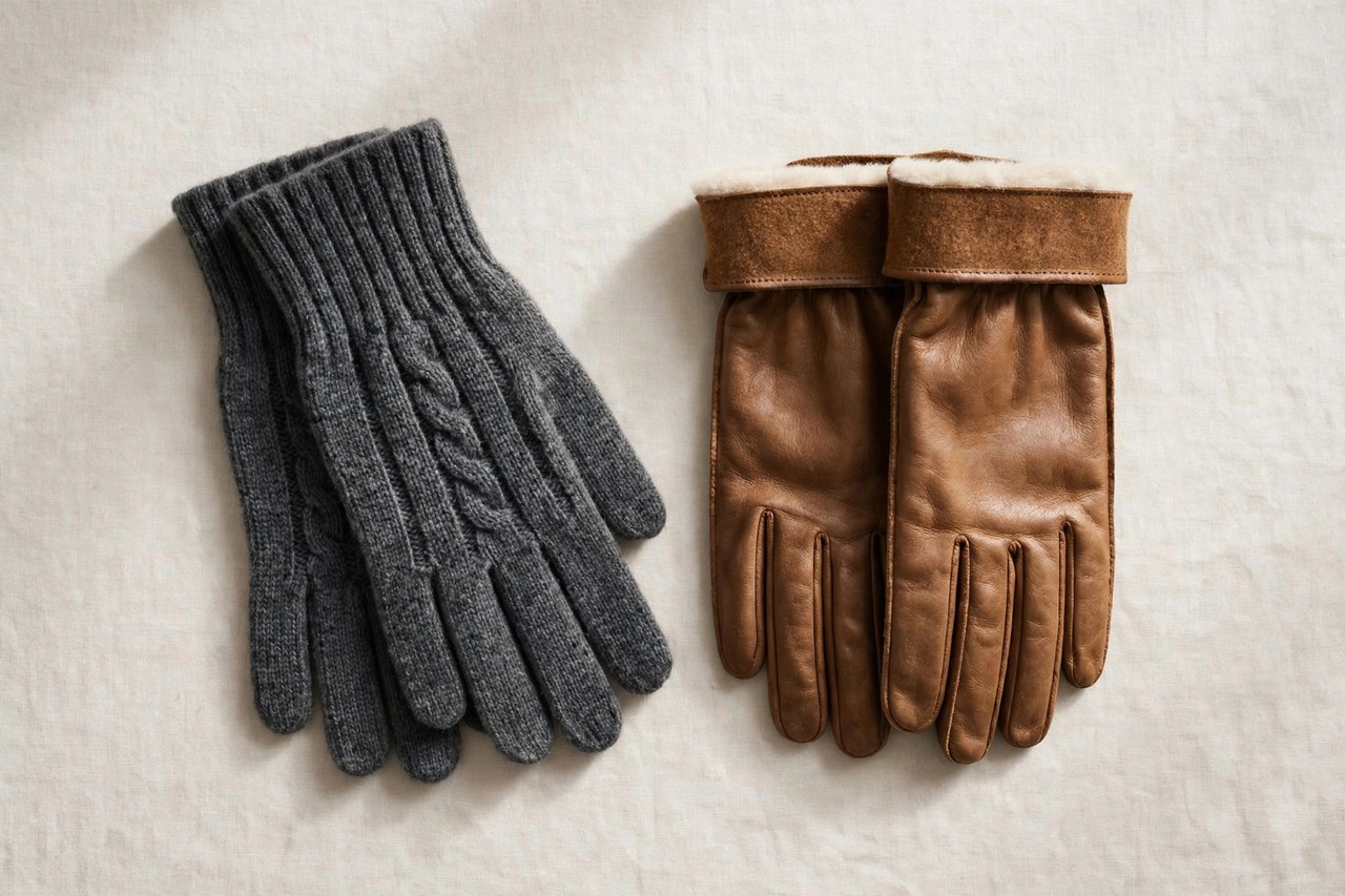 Flat lay of a pair of men's knitted wool gloves in charcoal grey beside a pair of wool-lined leather gloves on a neutral background