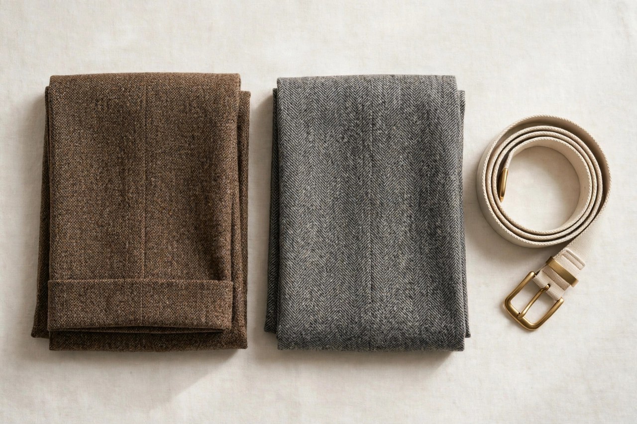 Flat lay of men's wool pants in brown tweed and grey herringbone folded beside a canvas belt on a neutral background