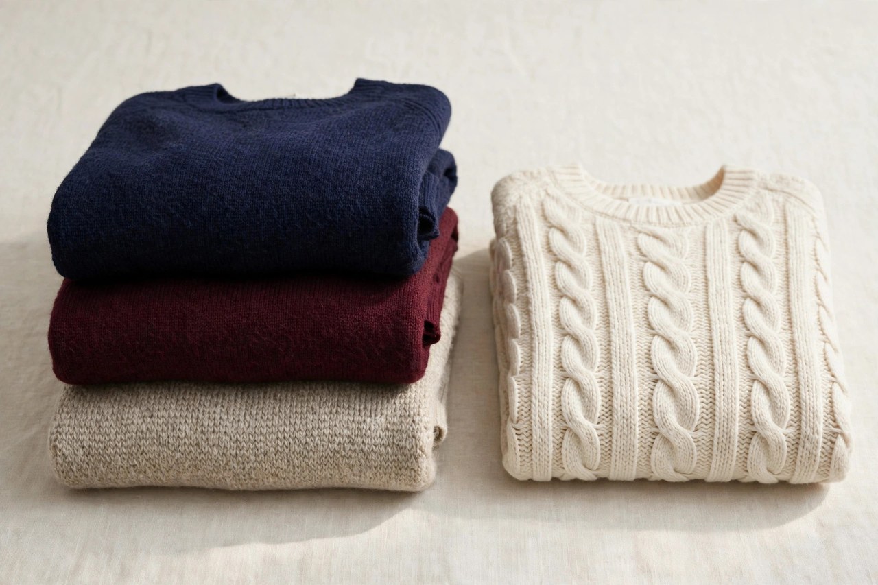Flat lay of men's wool sweaters in navy, burgundy and oatmeal knit folded in a stack beside a single cream cable knit sweater on a neutral background