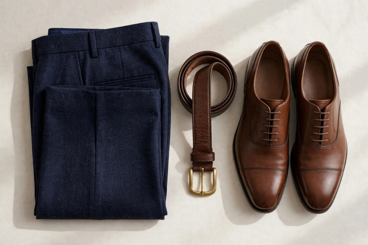 Flat lay of men's wool trousers in navy worsted with a pressed crease folded beside a brown leather belt and dress shoes on a neutral background