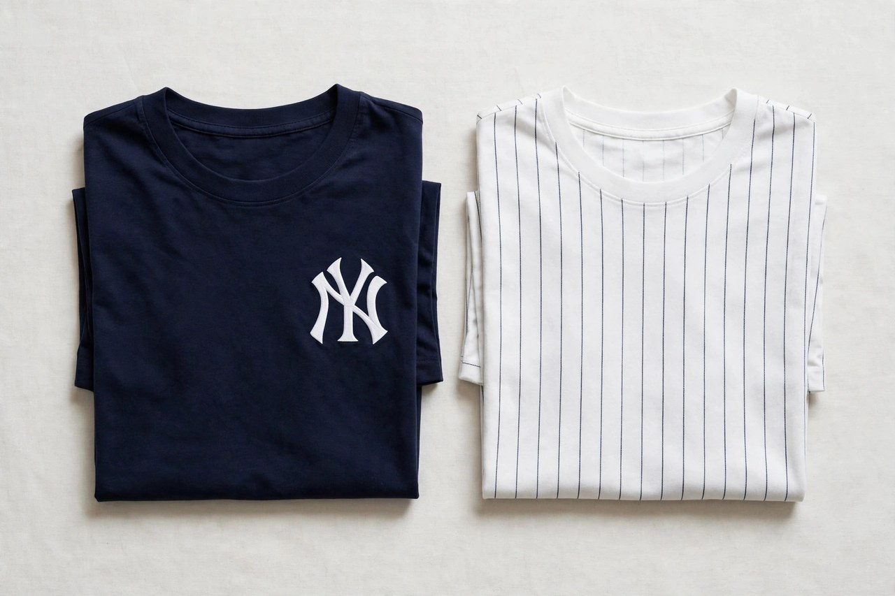 A flat lay of men's New York Yankees t-shirts: a navy tee with a white team logo and a white pinstripe-style tee folded beside it, product photography with no people