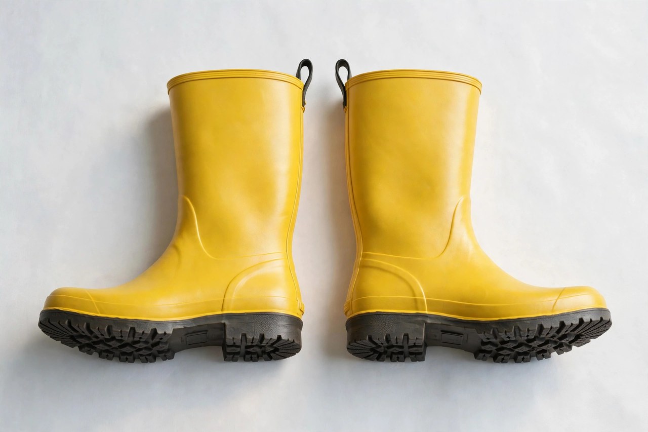 A flat lay of a pair of men's bright yellow rain boots with dark treaded soles, product photography on a clean background with no people