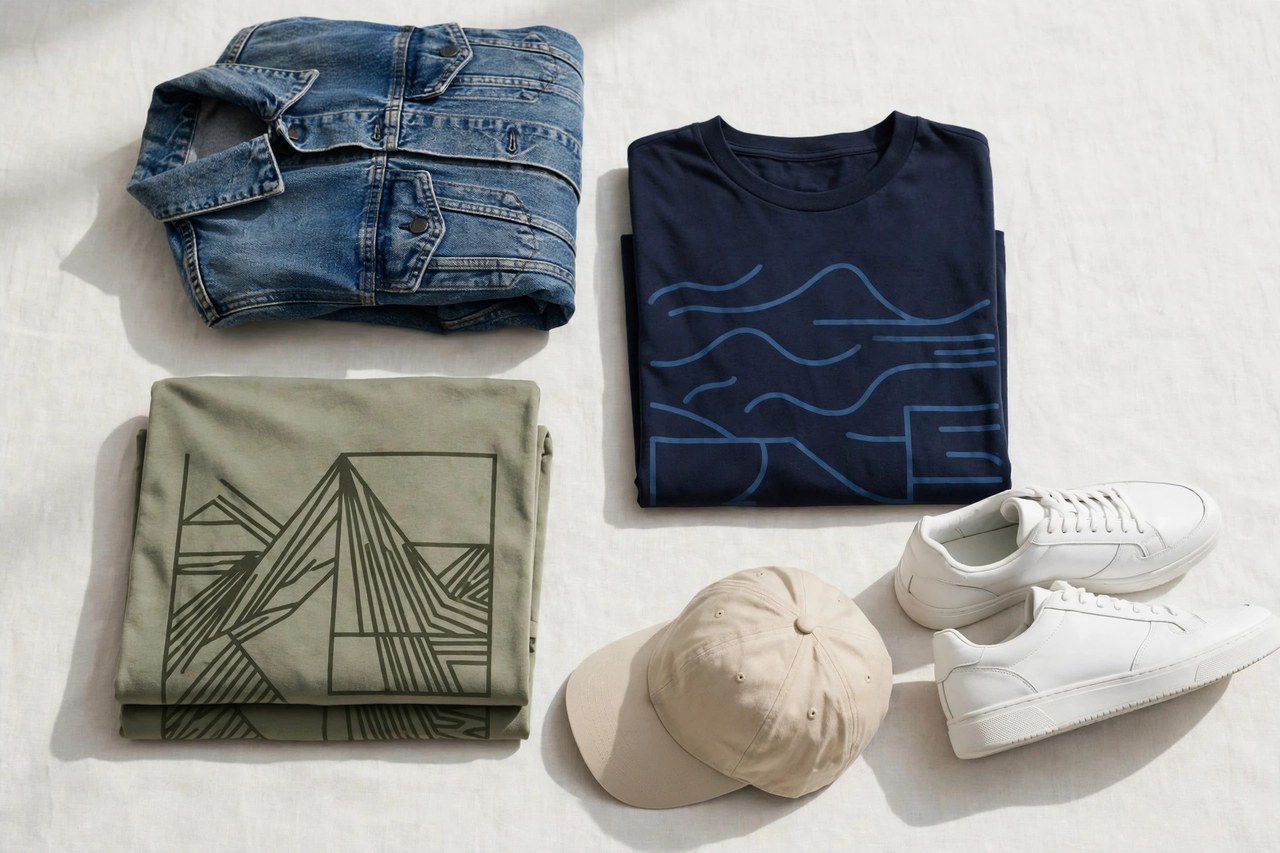 A flat lay of young men's fashion: folded graphic t-shirts, a denim jacket, sneakers and a cap arranged as product photography with no people