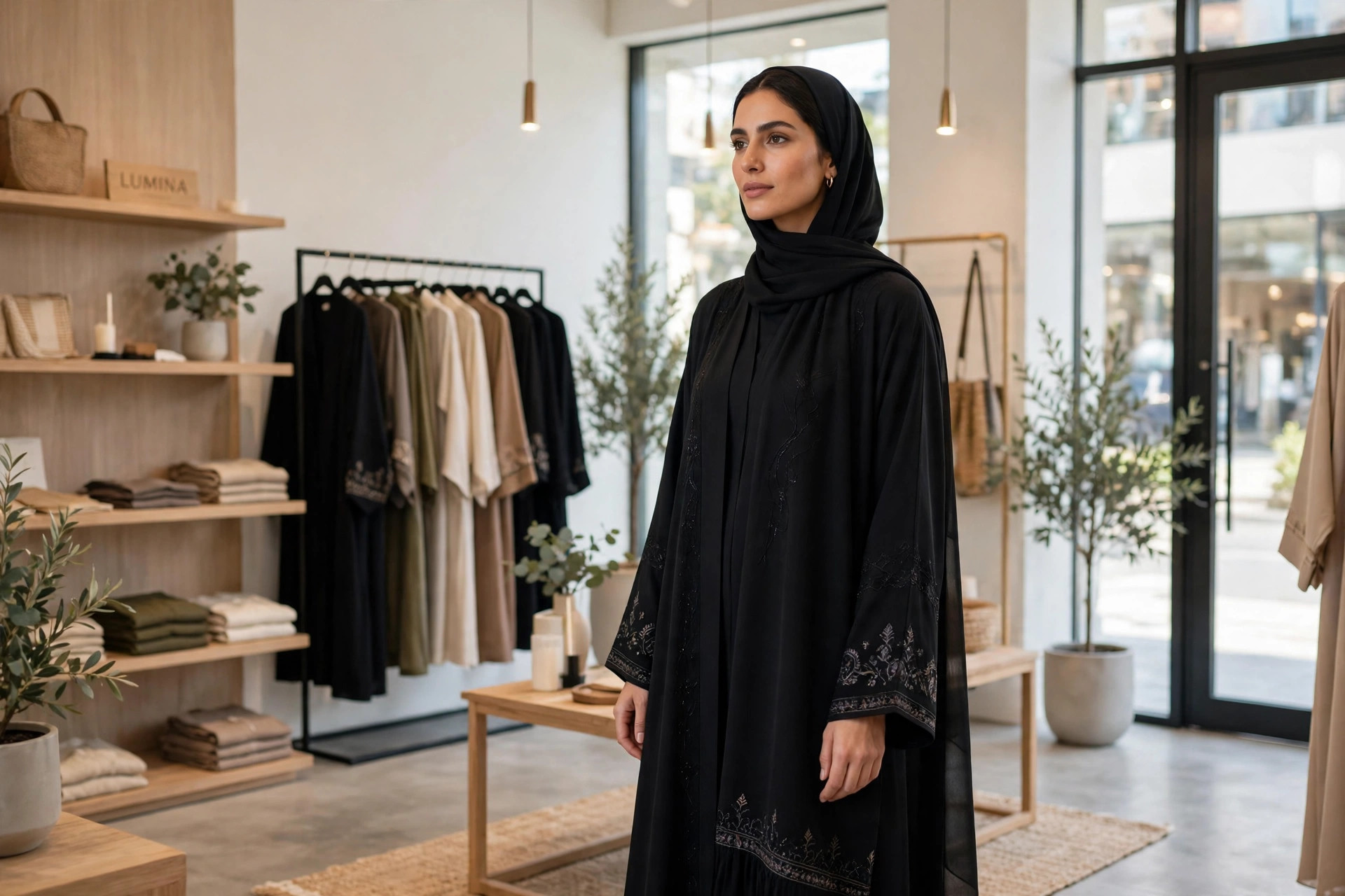 Woman wearing an elegant black abaya, a long flowing modest robe with subtle embroidery, in a bright boutique