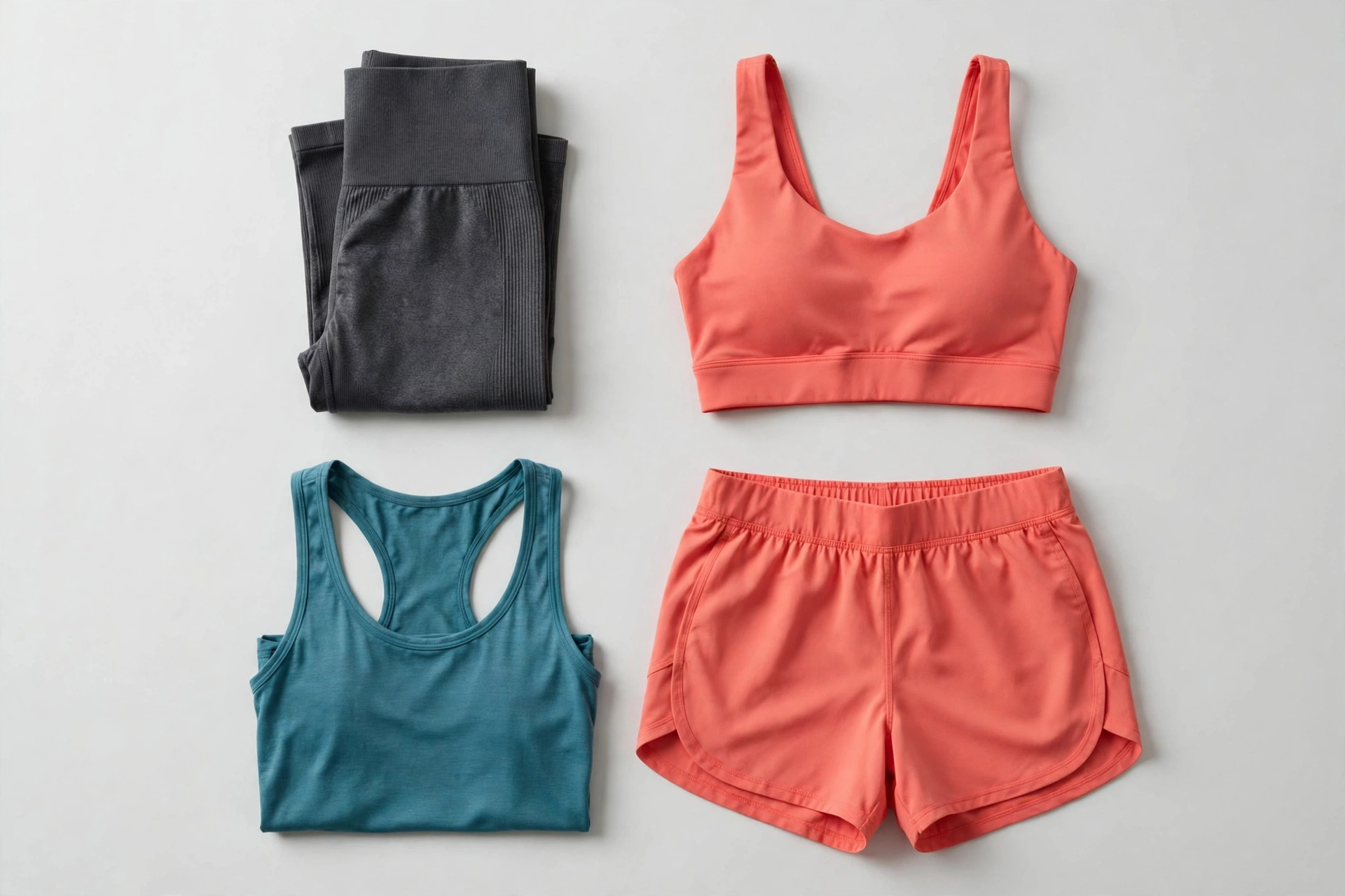 Flat lay of women's activewear including folded leggings, a sports bra, a tank top and running shorts