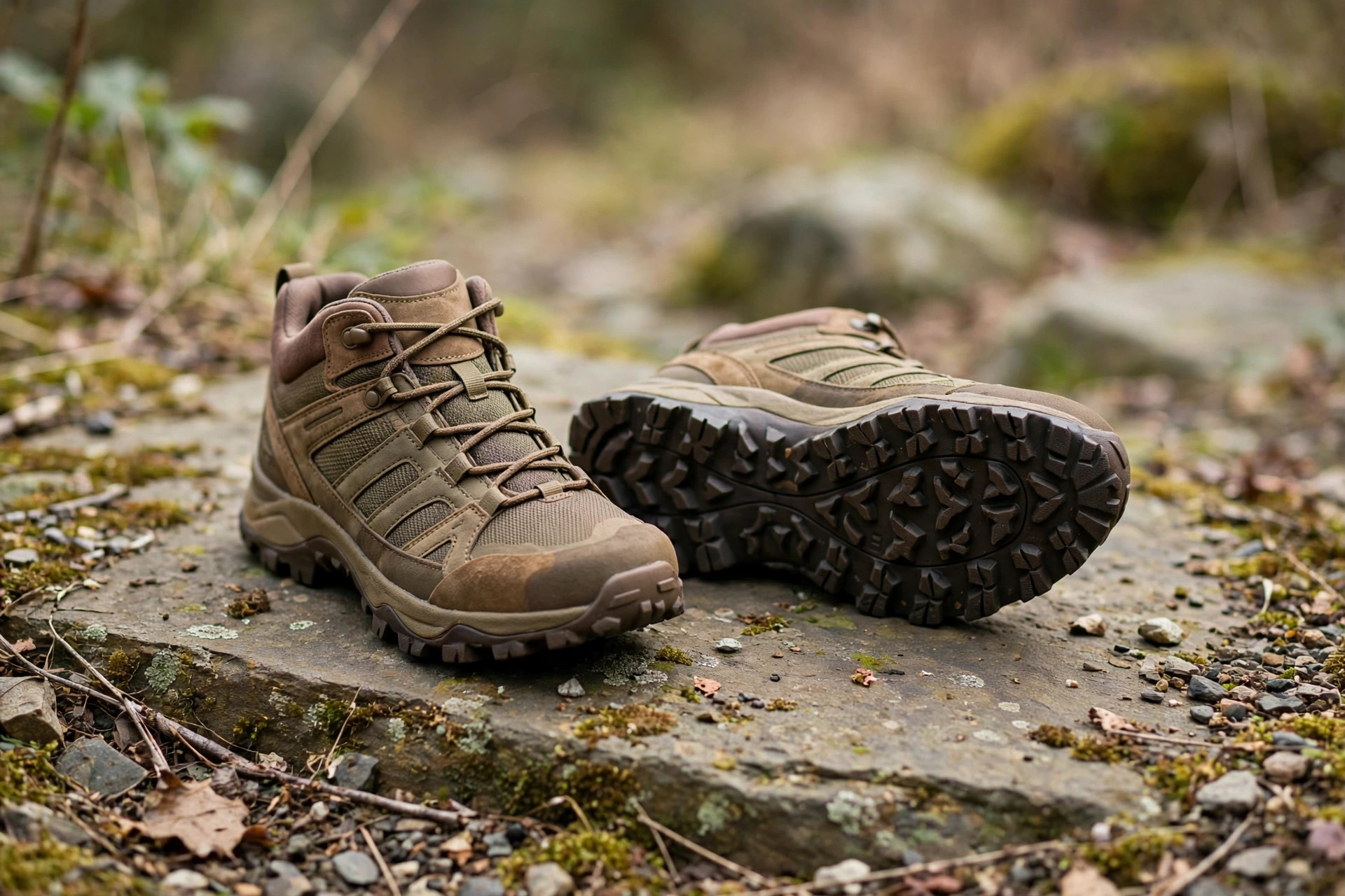 A pair of women's rugged trail hiking shoes with deep-lugged soles on a stone surface