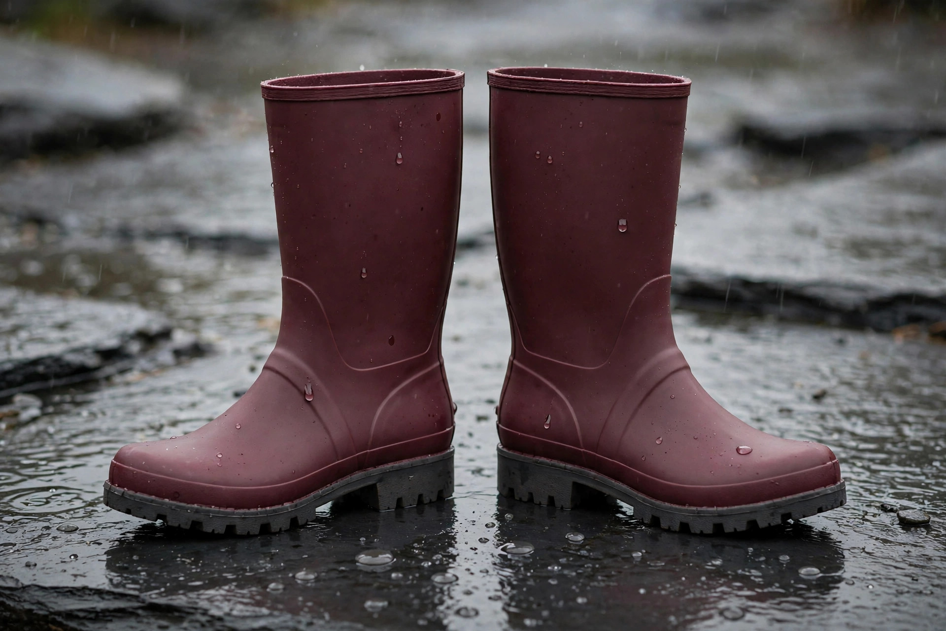 A pair of women's waterproof all-weather boots in matte burgundy with sturdy tread on wet slate