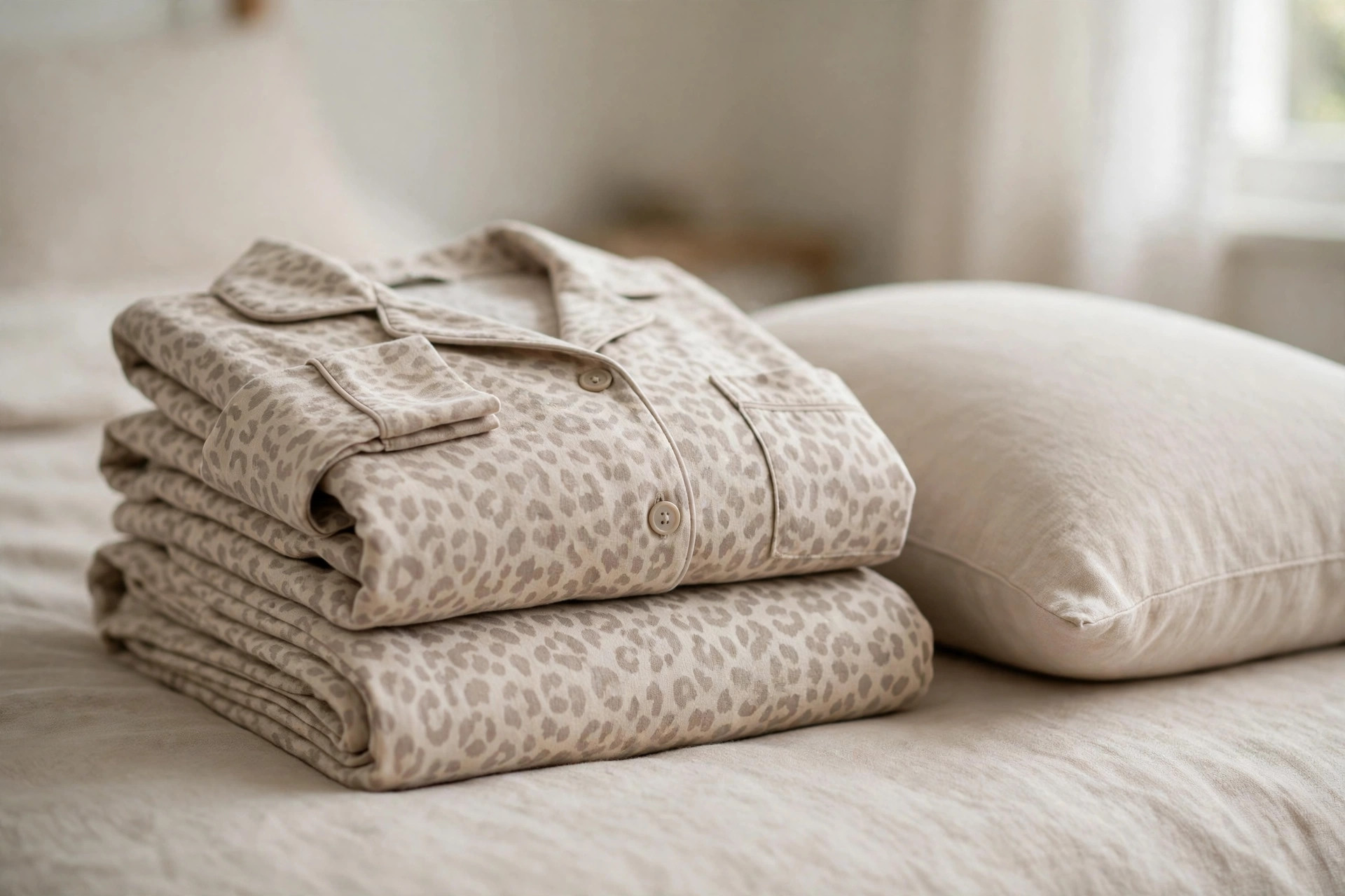 A neatly folded women's pajama set in a soft muted animal print on a bed with a plain pillow