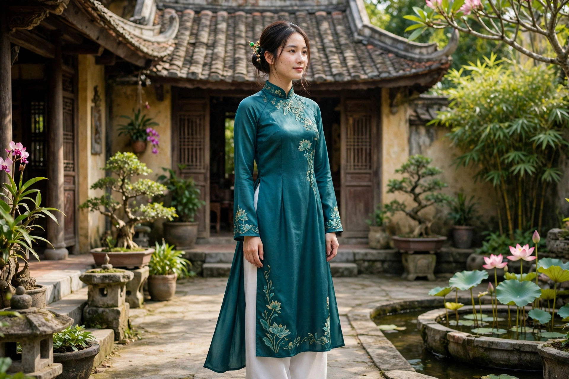 Woman wearing a Vietnamese ao dai, a long teal silk tunic over white trousers