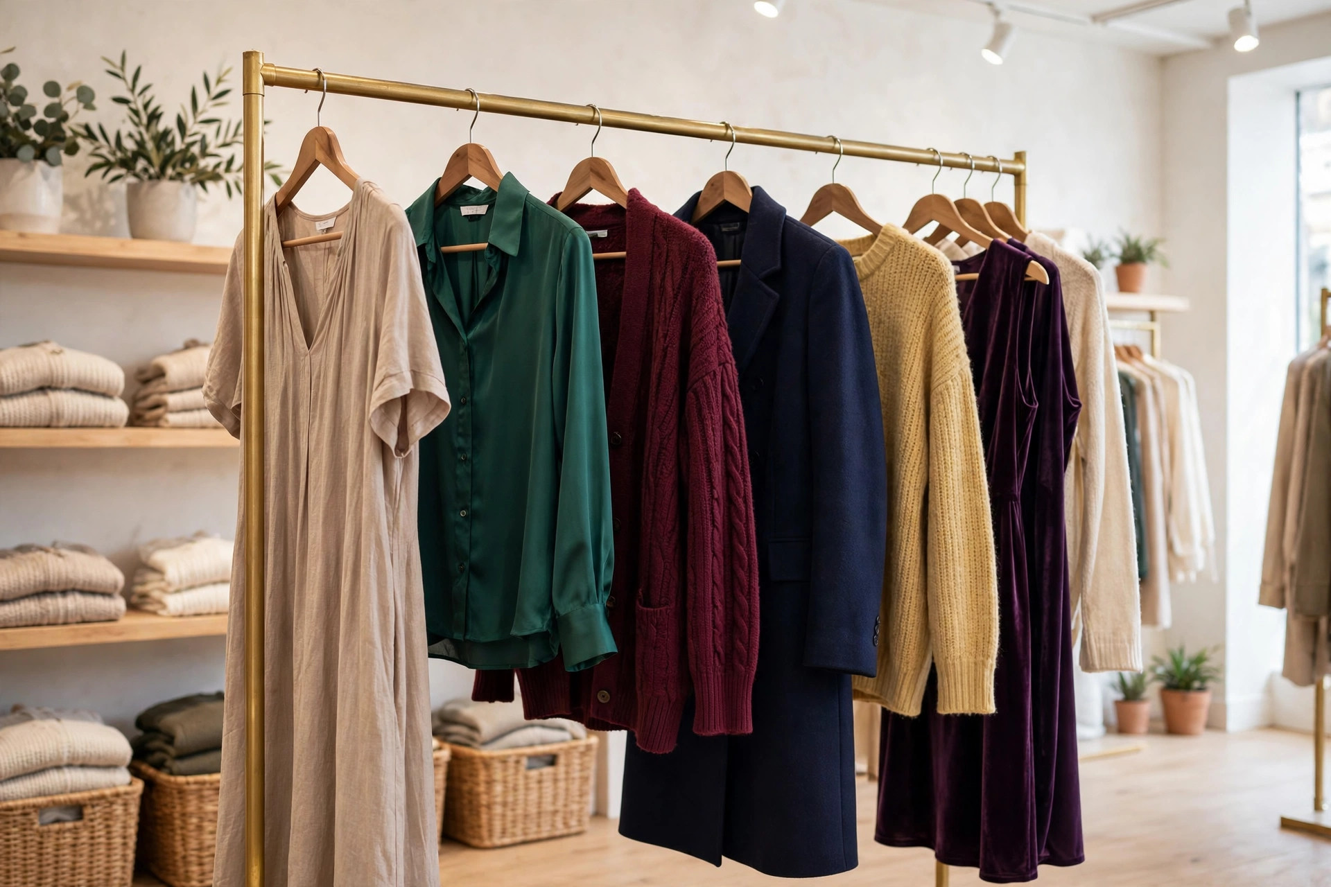 A clothing rack holding a variety of women's apparel including dresses, blouses, coats and knitwear