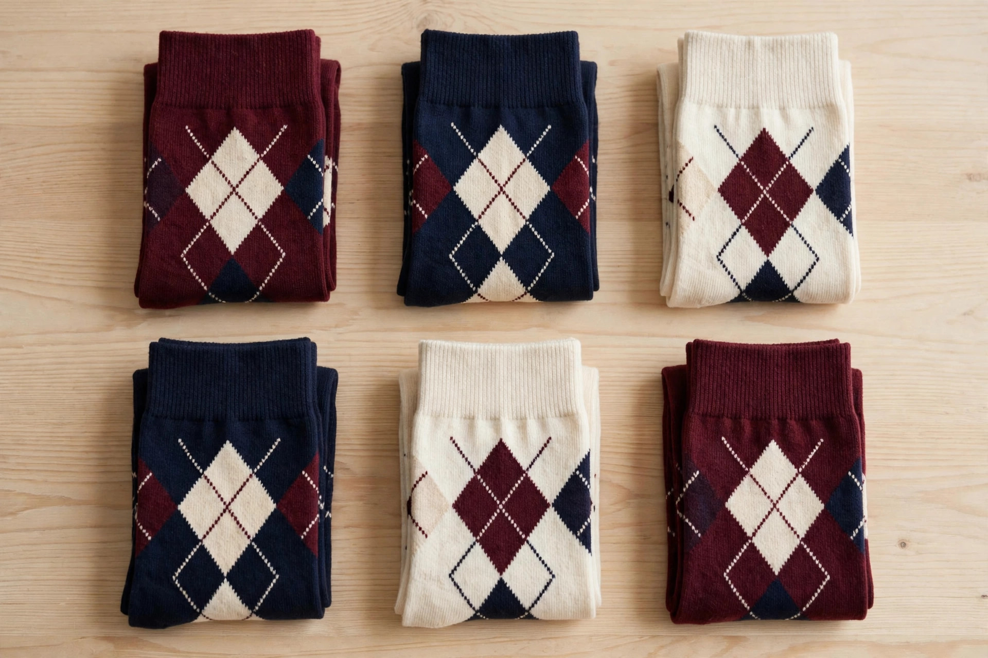 Several pairs of women's argyle diamond-pattern socks in burgundy, navy and cream arranged on a wooden surface