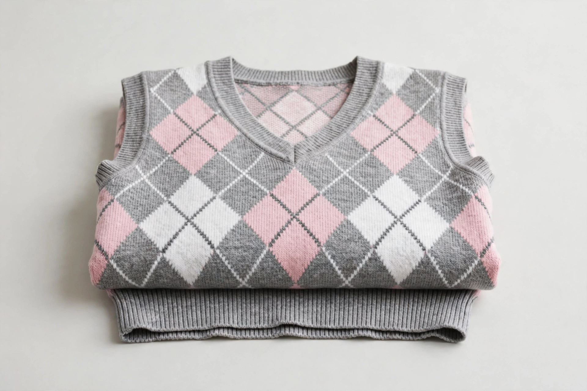 A folded women's argyle sweater vest in a classic diamond pattern of pink, grey and white