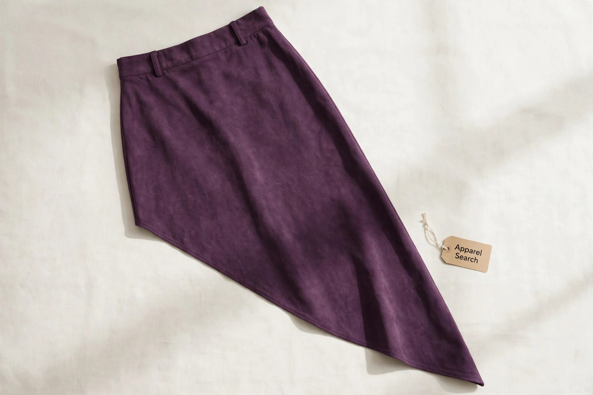 Women's asymmetric skirt in plum fabric shown flat, the hem sweeping diagonally from short at one side to long at the other, a small hang tag reading Apparel Search beside it, product photography with no people