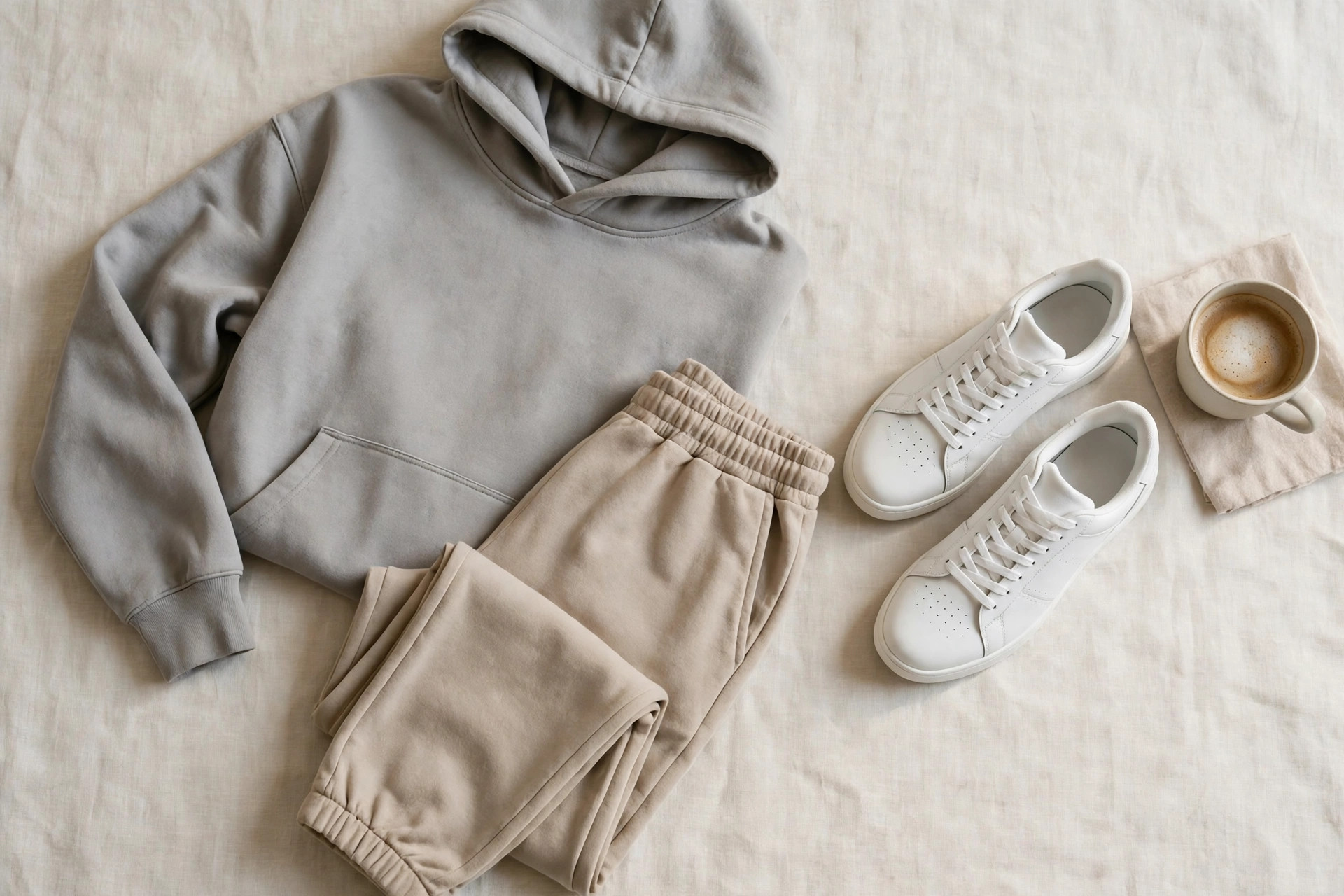 A women's athleisure outfit flat lay with soft jogger pants, an oversized hoodie and white sneakers beside a coffee cup