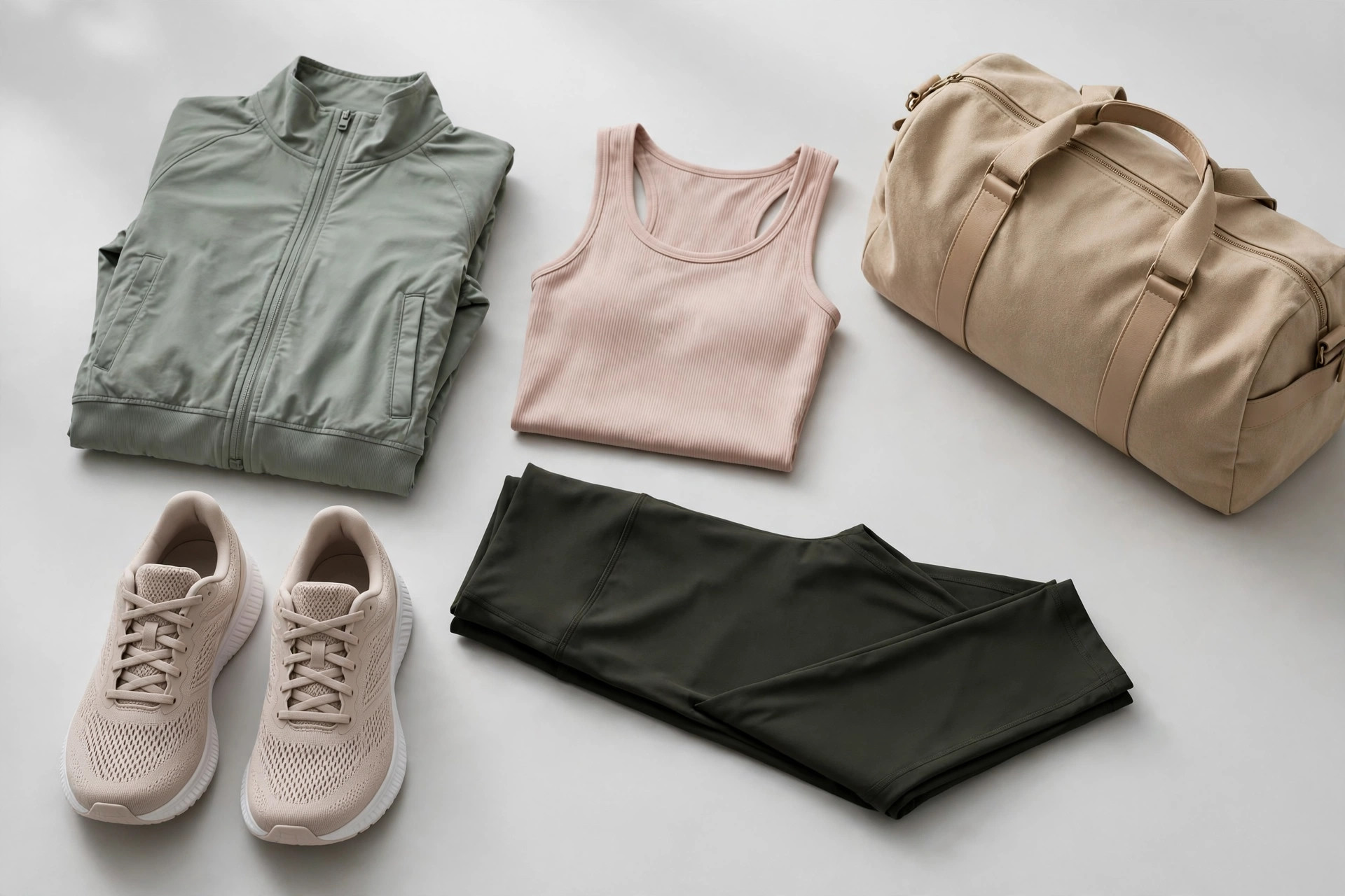 A complete flat lay of women's athletic apparel including running shoes, leggings, a zip jacket, tank top and gym bag