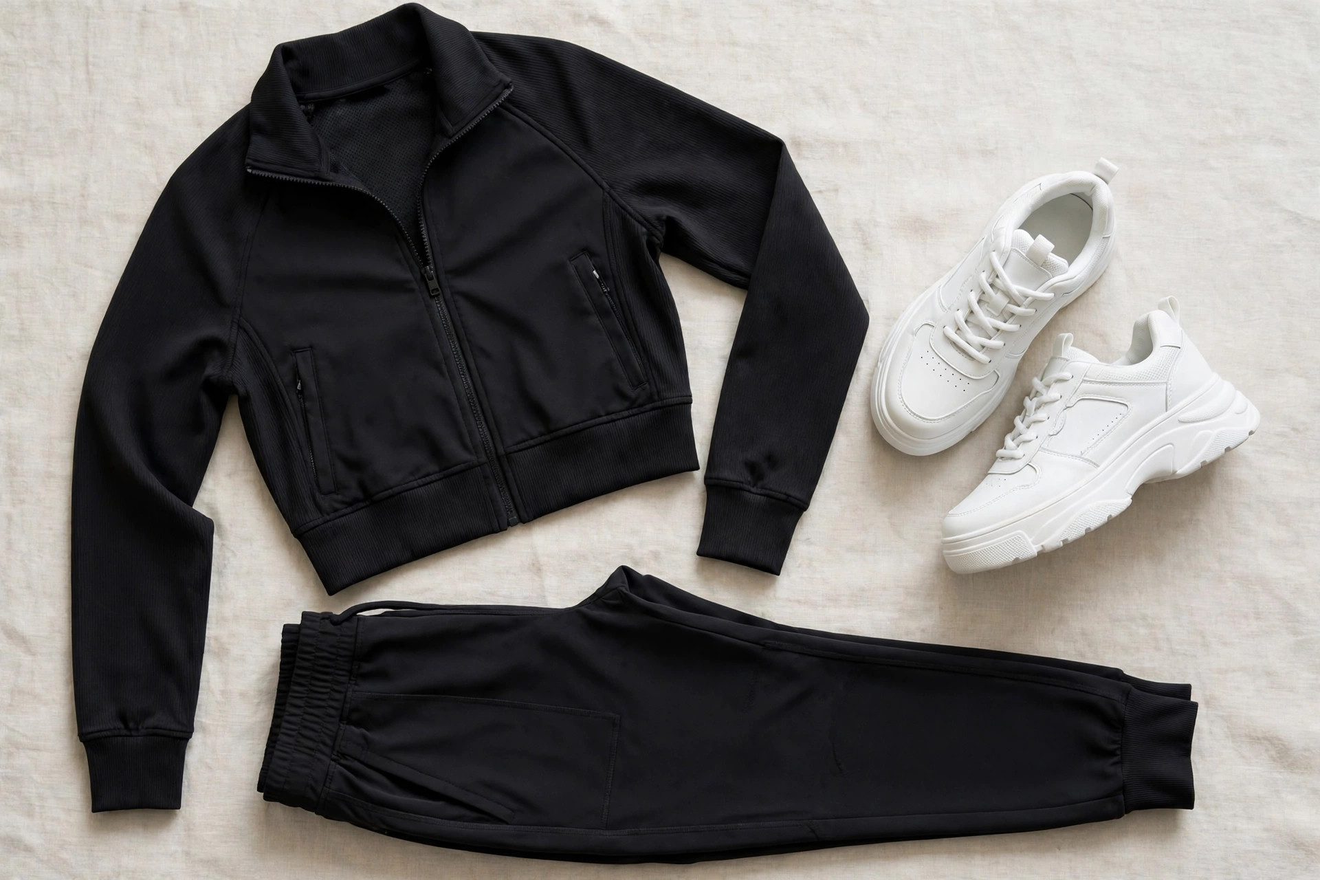 A fashion-forward women's sporty outfit flat lay with a cropped track jacket, sleek joggers and chunky white sneakers
