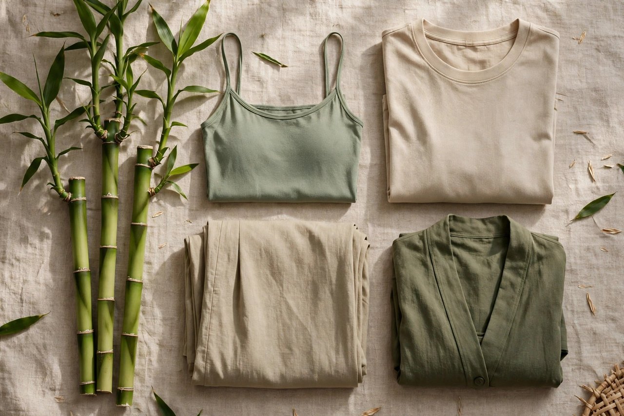Neatly folded women's bamboo clothing in natural colors beside fresh green bamboo stalks