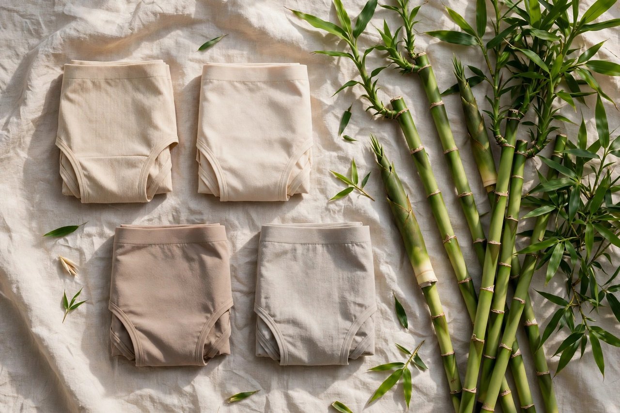Modestly folded women's bamboo underwear in neutral colors beside bamboo stalks, flat lay