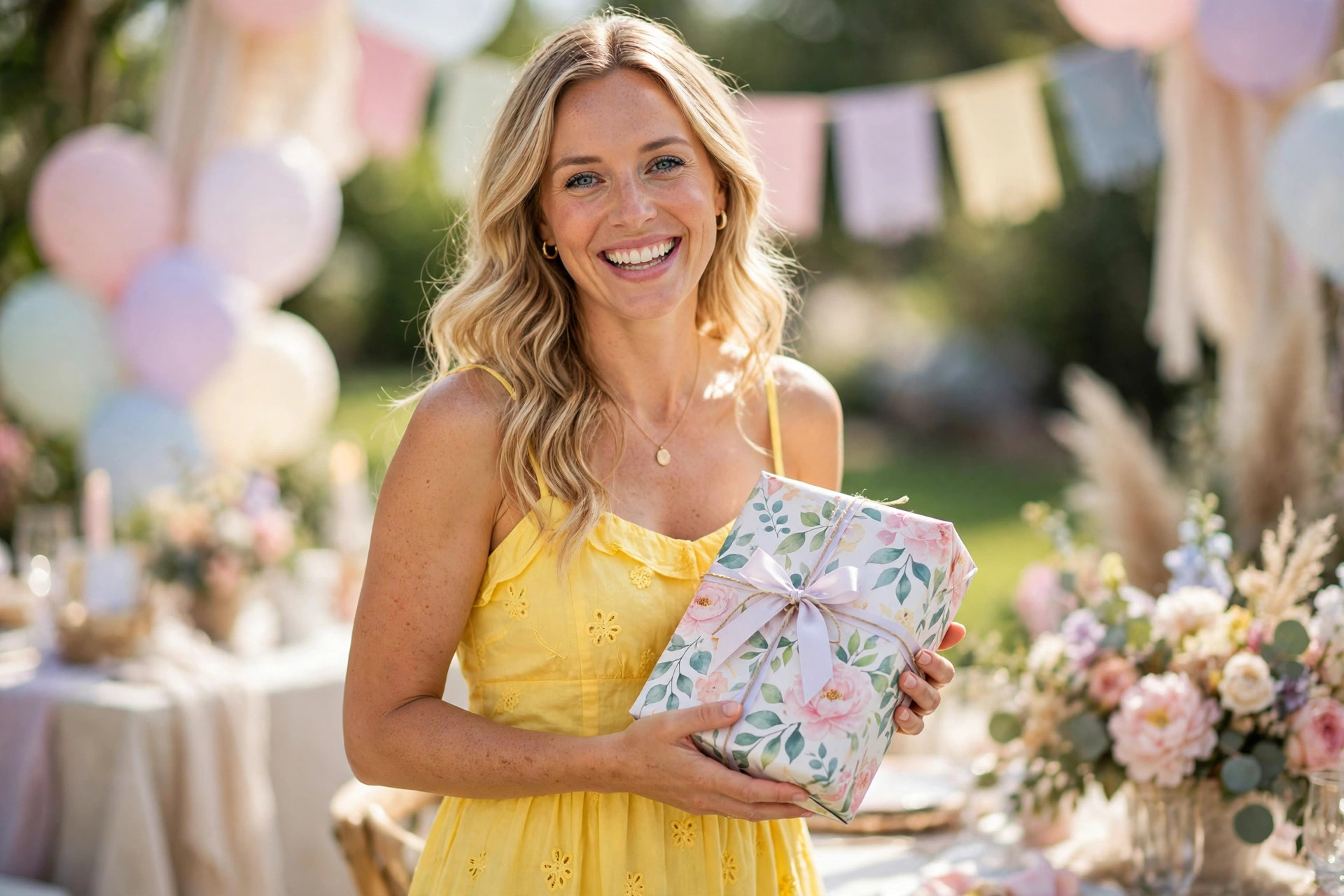 Adult woman in a sunny yellow sundress holding a wrapped gift at a daytime baby shower party with pastel decorations
