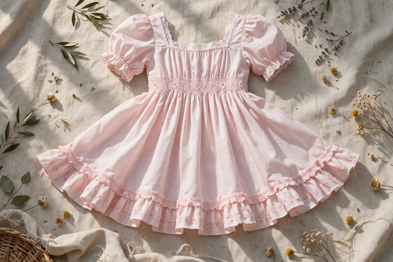 Pastel babydoll dress with a high empire waist and short flared skirt laid out on a soft background