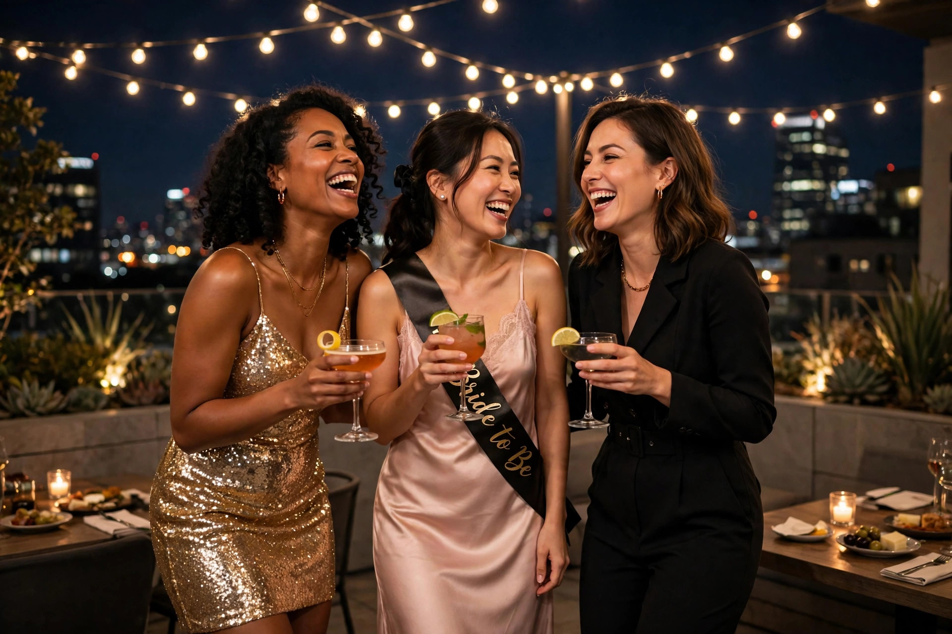 Adult women friends in stylish bachelorette party outfits including a sequin mini dress and a satin slip dress on a city rooftop at night