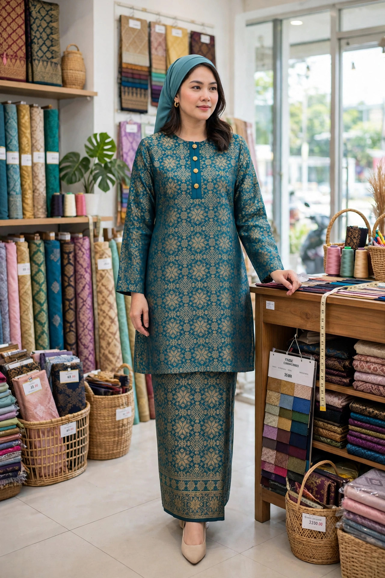 Woman wearing a traditional Malay baju kurung with a loose long tunic and matching long skirt in teal fabric