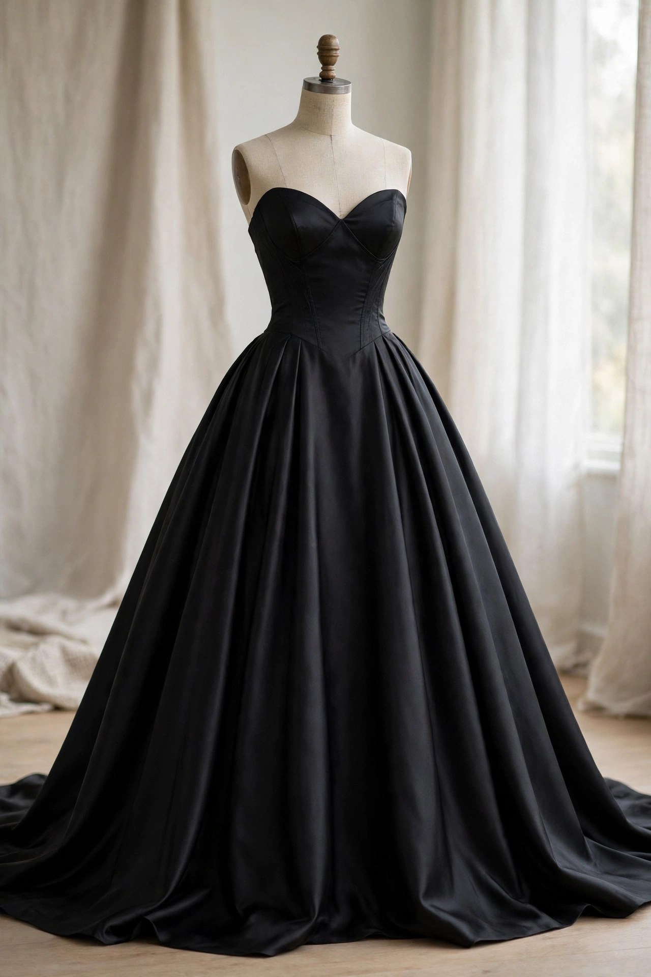 Elegant full-length ball gown with a fitted bodice and sweeping satin skirt displayed on a dress form