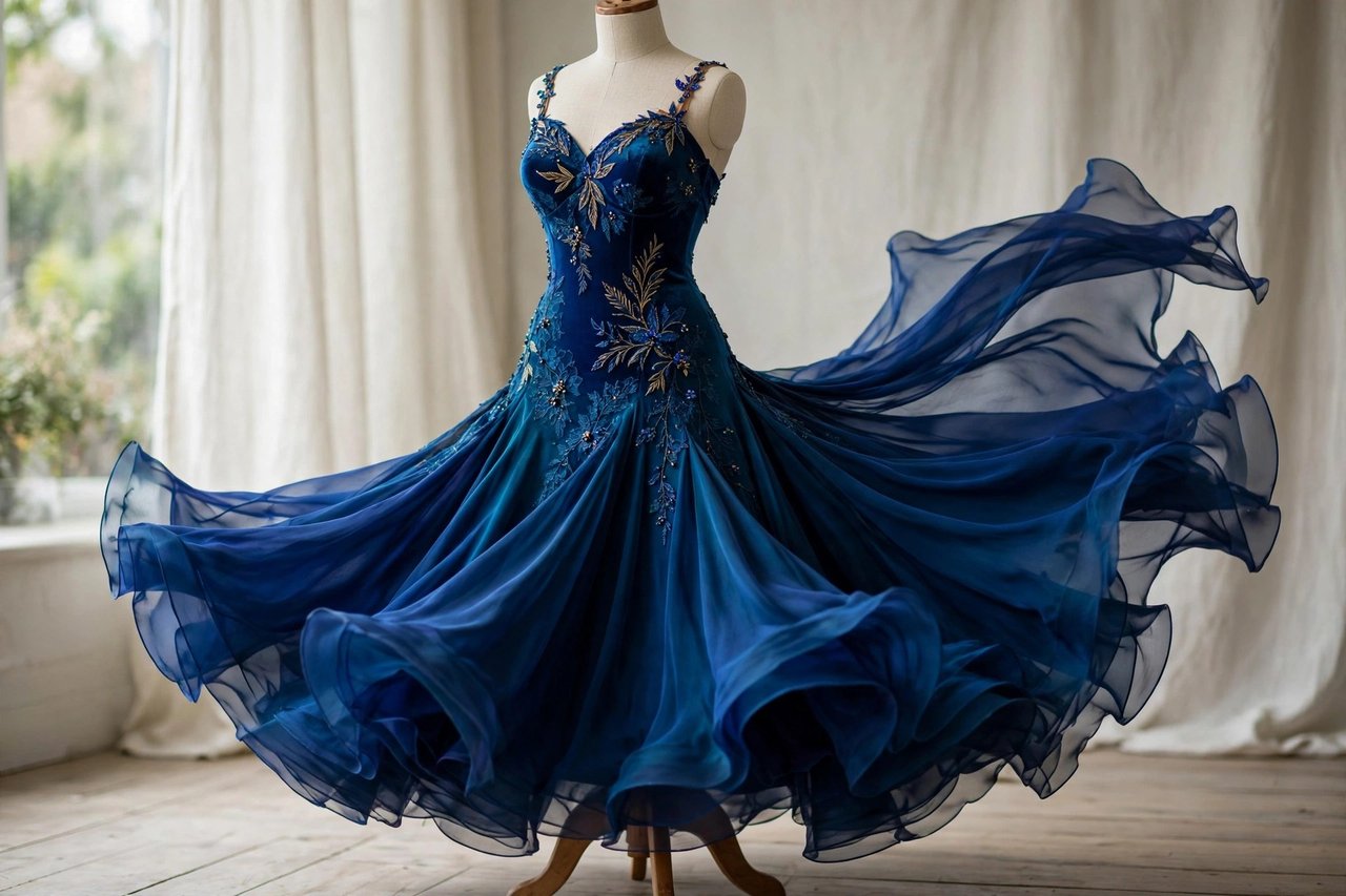 Flowing ballroom dance dress with a full moving skirt in a rich jewel tone on a dress form