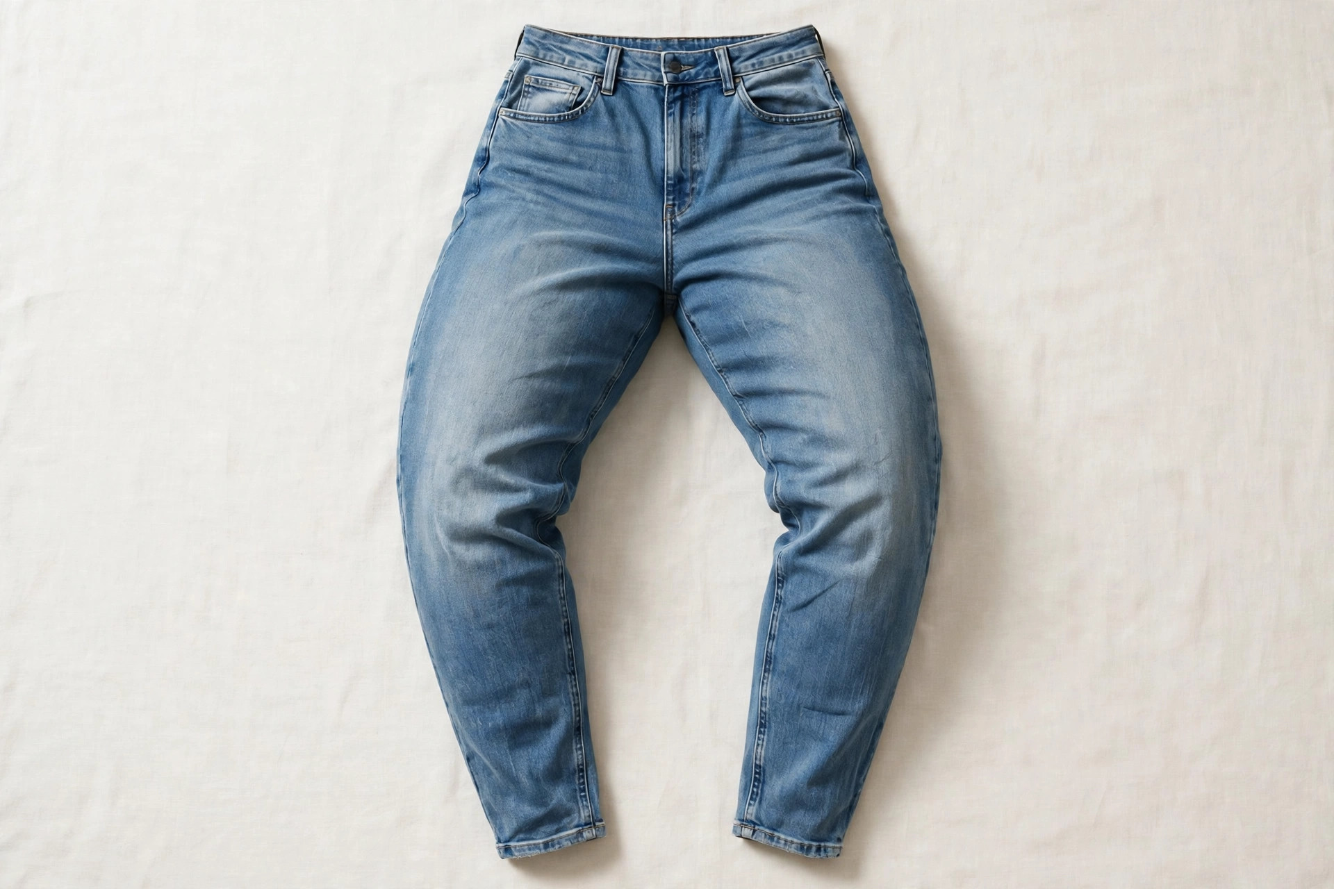 Women's barrel jeans in a washed mid-blue denim laid flat, showing the curved leg that bows out at the thigh and tapers to the ankle, product photography with no people