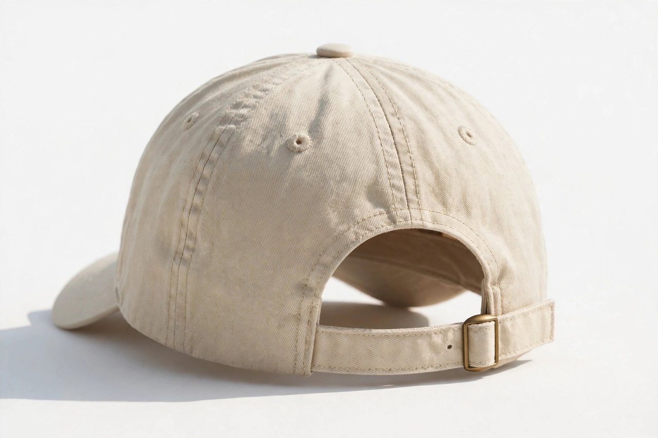 A women's baseball cap with a ponytail opening shown in a soft neutral color