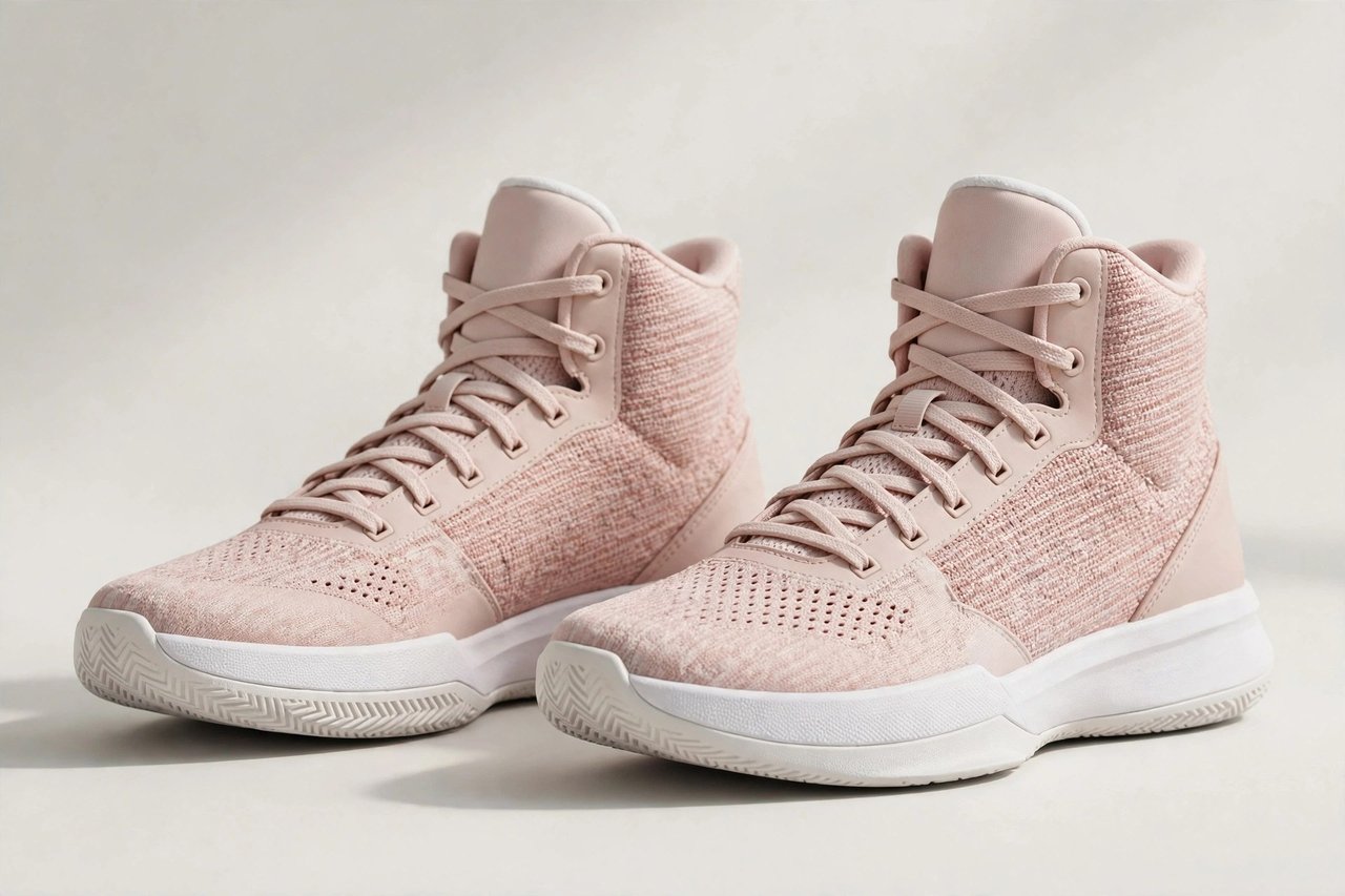 A pair of women's high-top basketball shoes with a herringbone traction sole pattern