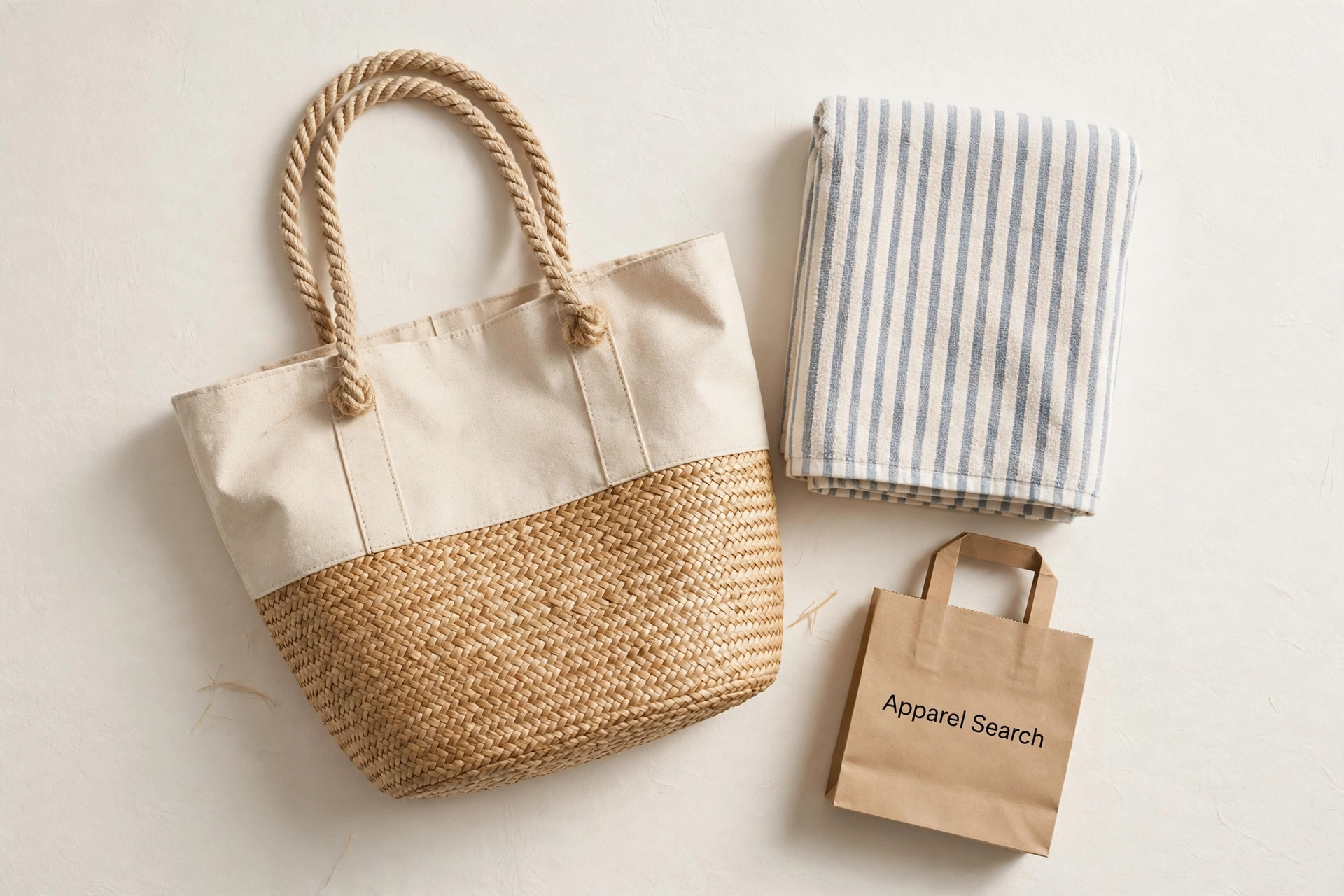 Women's beach bag in natural canvas and straw with rope handles and a striped towel folded beside it, product photography with no people
