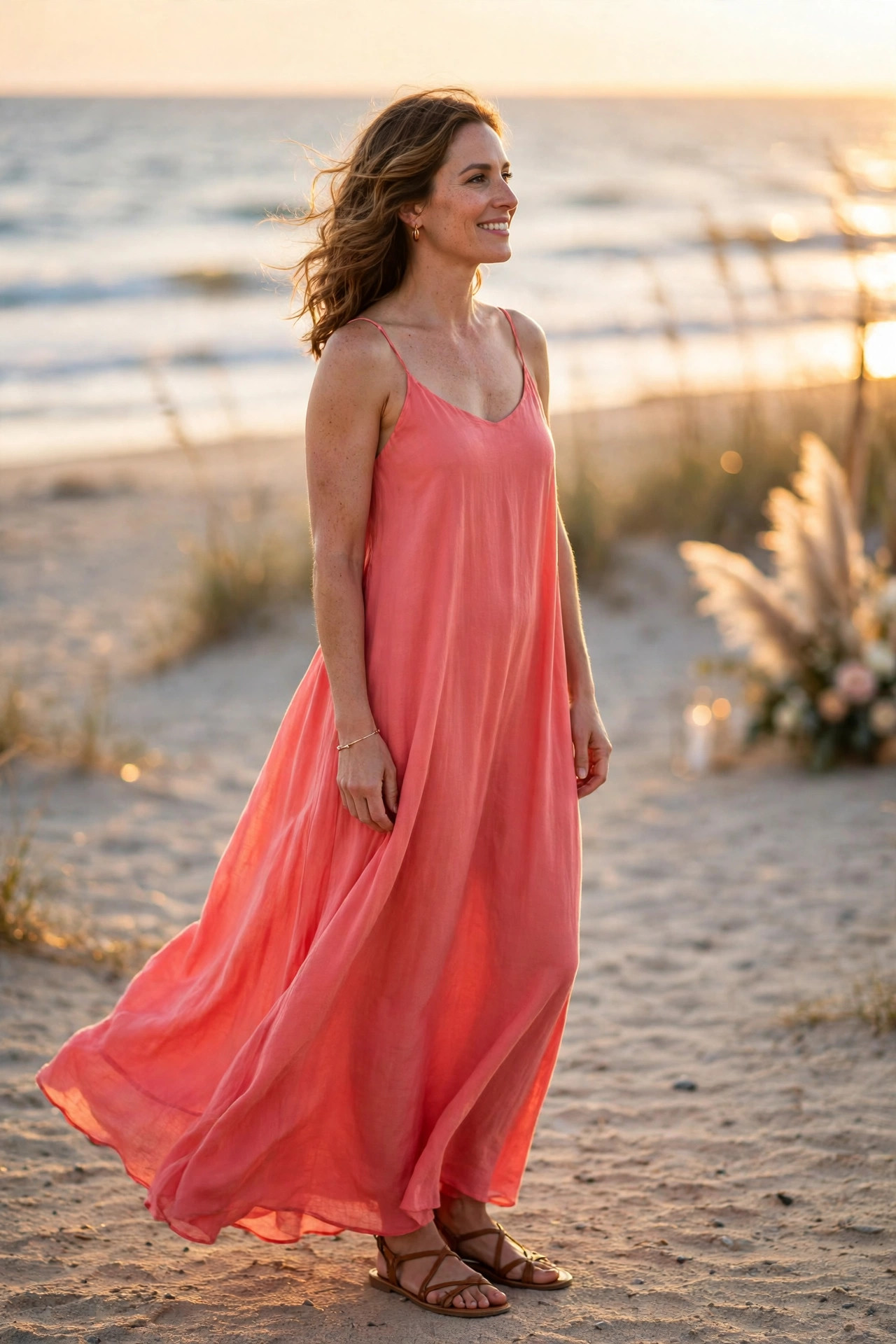 Adult woman in a flowing coral maxi dress and flat strappy sandals as a guest at a beach wedding at golden hour