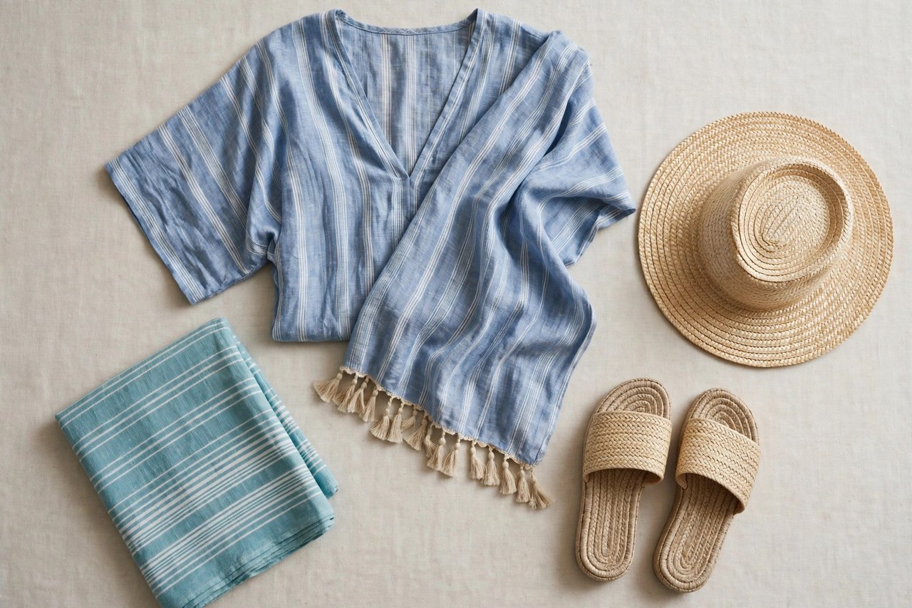 Women's beachwear flat lay with a kaftan cover-up, sarong, straw hat, and sandals in coastal colors