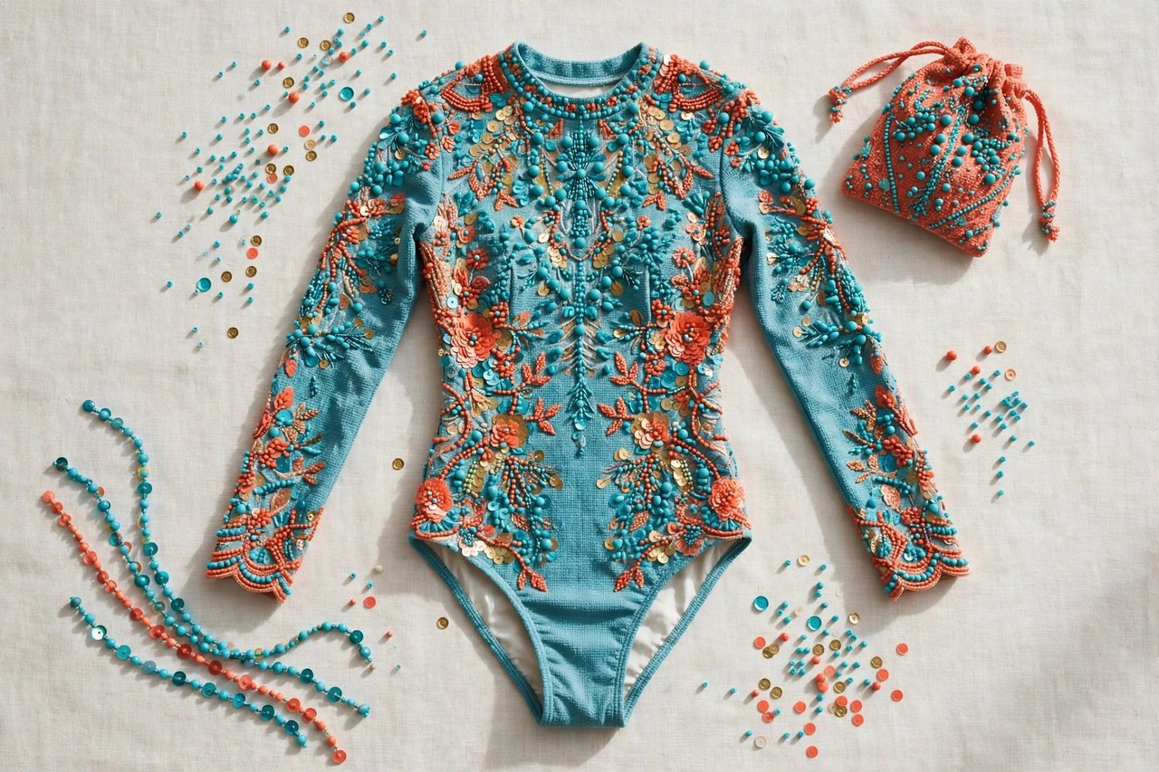 Women's beaded swimwear with decorative bead and sequin embellishment in turquoise and coral, flat lay
