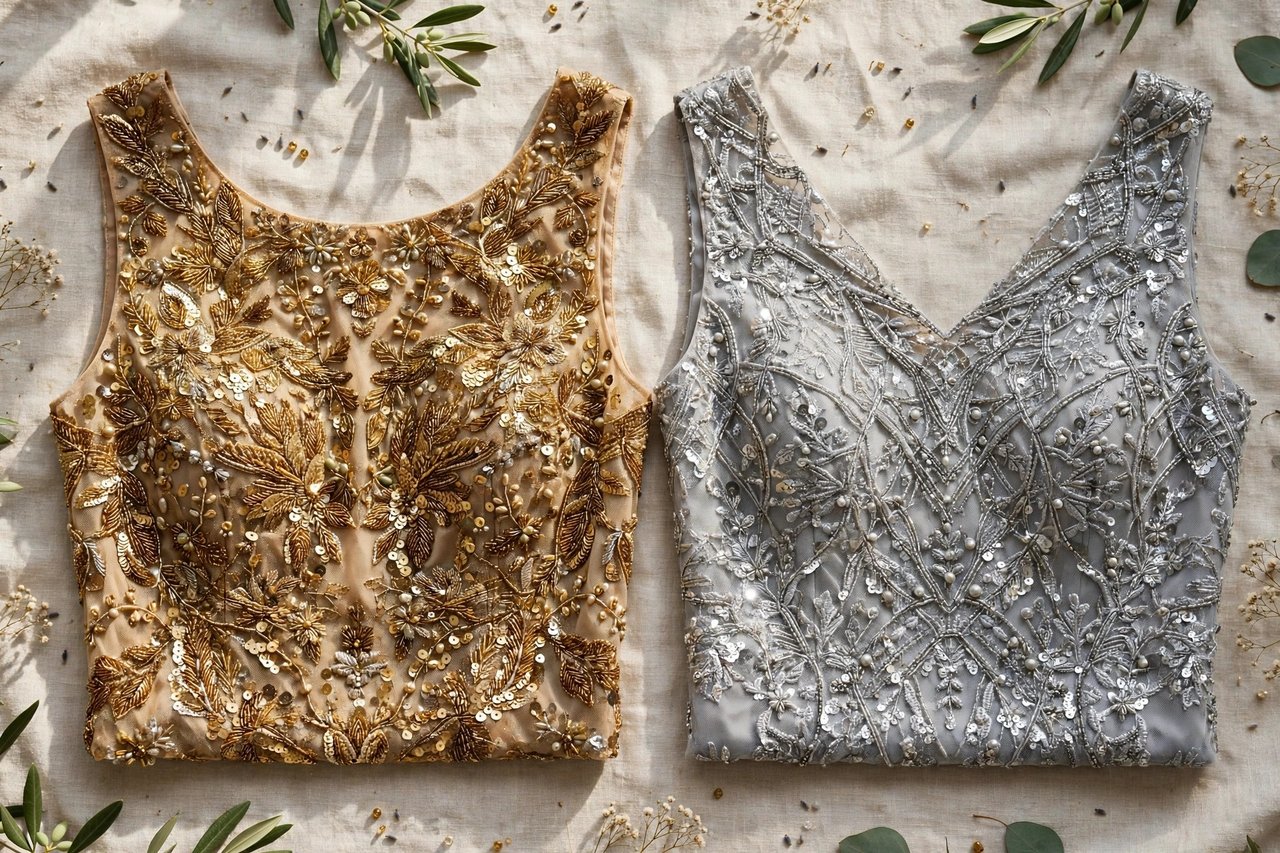Women's beaded and sequinned evening tops with intricate gold and silver beadwork embellishment laid flat