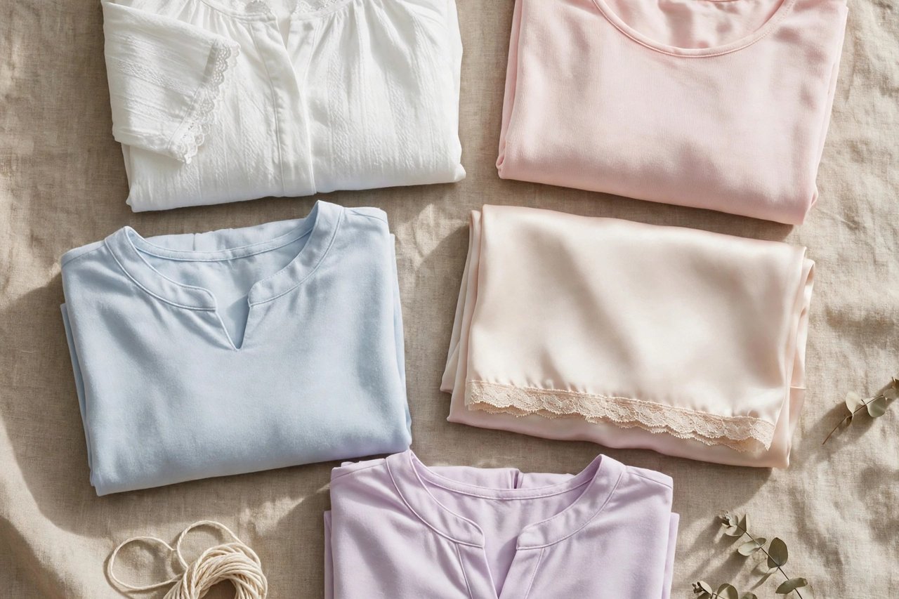 Folded women's nightgowns and bedgowns in soft cotton, modal and pale silk in white and pastel colors, neatly arranged