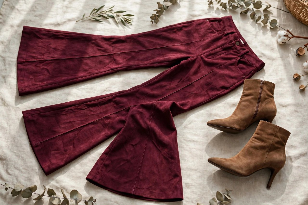 A pair of women's burgundy bell-bottom trousers with a wide sweeping flare laid flat with heeled ankle boots