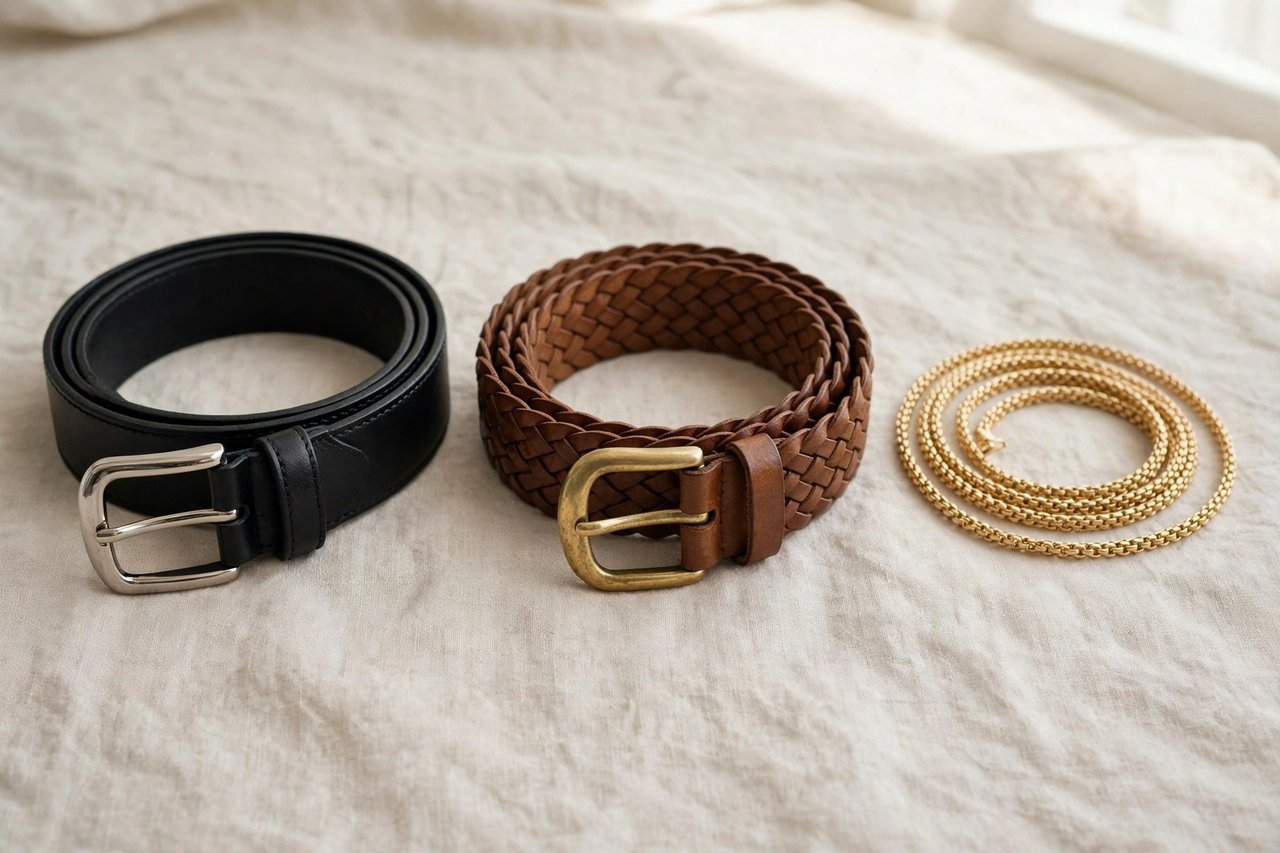 A row of women's belts in black leather, brown woven leather and a slim gold style coiled on a light surface