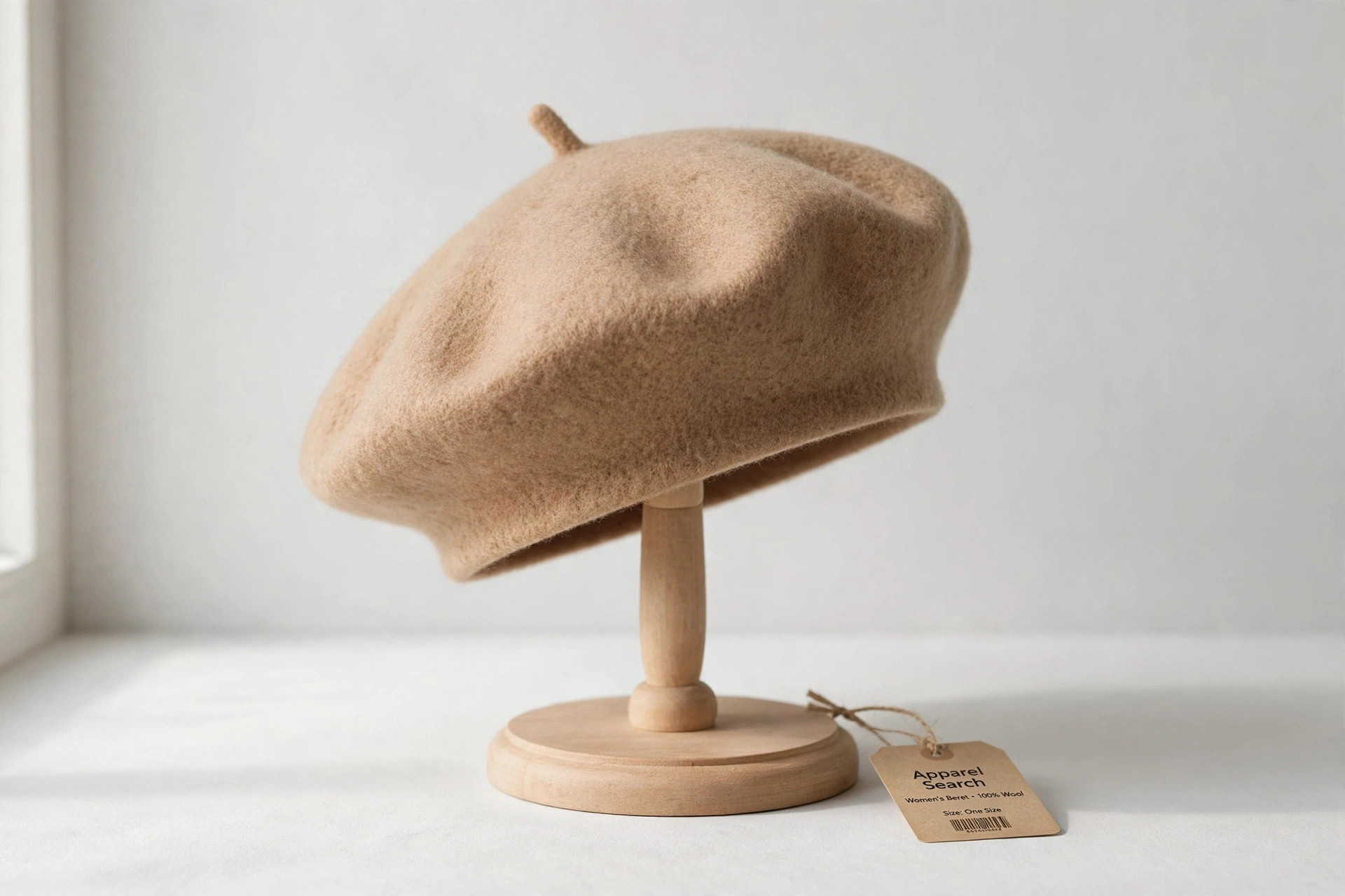 Women's beret in soft burgundy wool on a plain display stand against a clean light background, product photography with no people