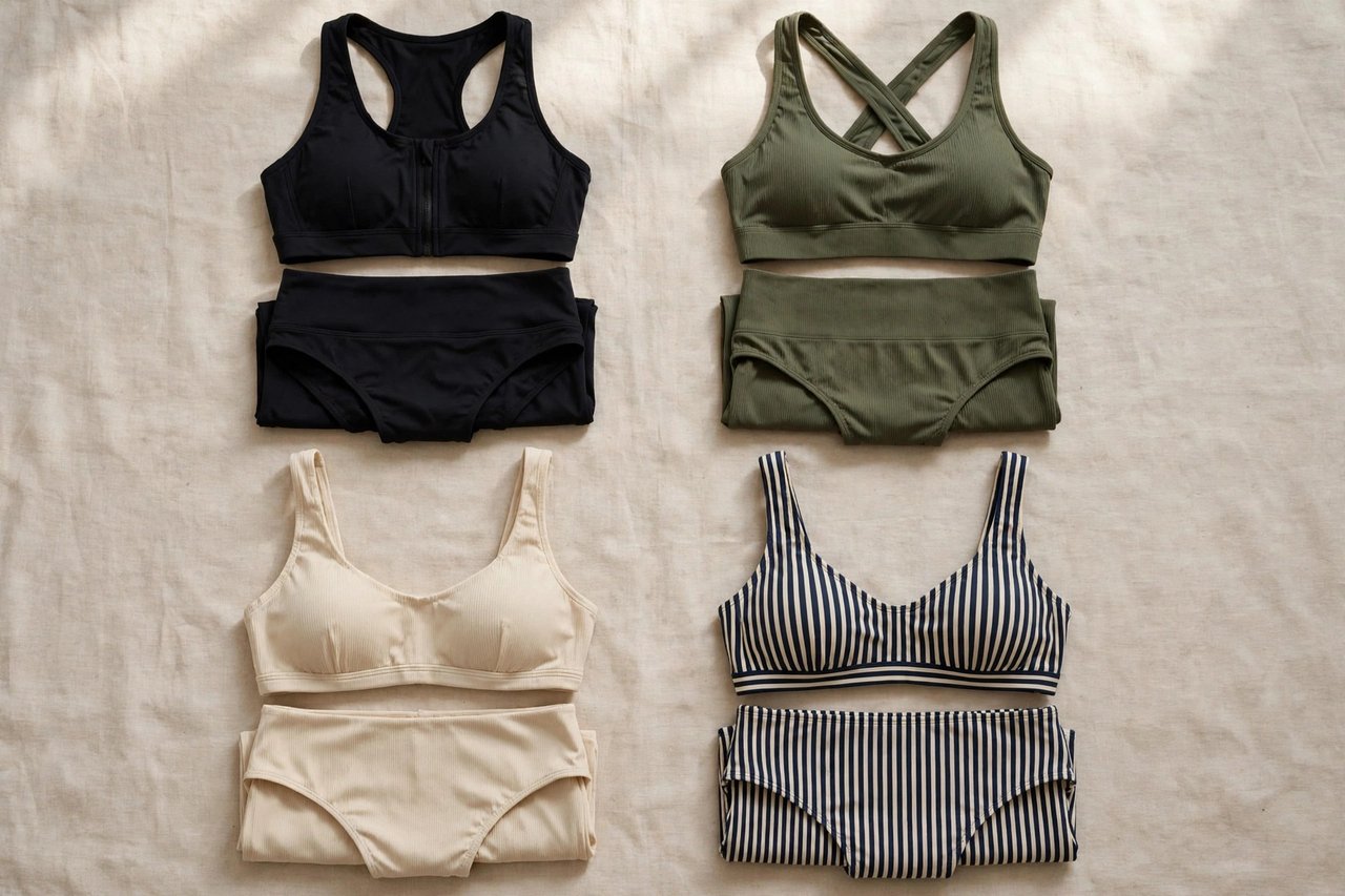 Women's bikini swimwear sets with supportive tops and secure bottoms in sporty and classic styles, flat lay