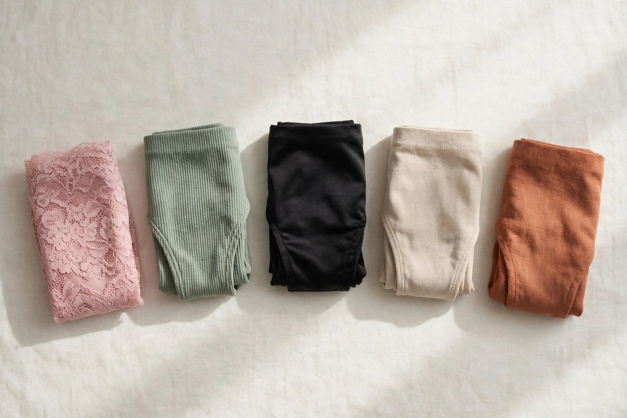 Neatly folded bikini underwear in assorted fabrics and colors as a retail flat lay