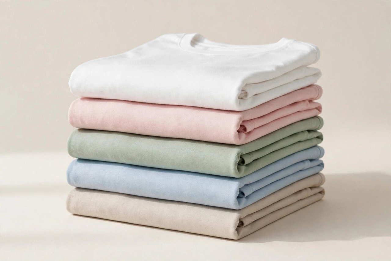 A neat stack of plain blank women's t-shirts in white and soft colors with no printing