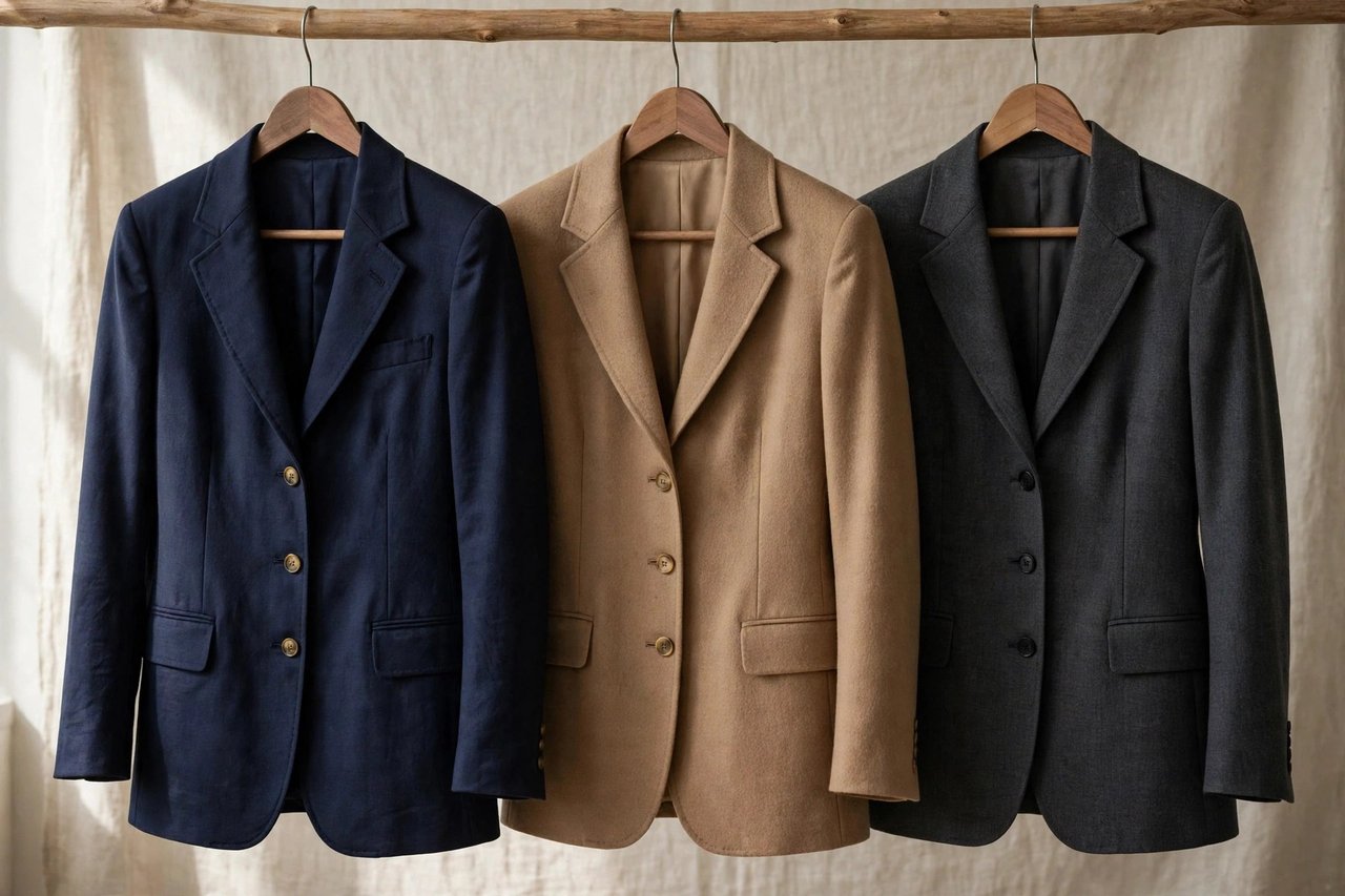 Tailored women's blazers in navy, camel and charcoal hanging in a row with visible lapels and buttons