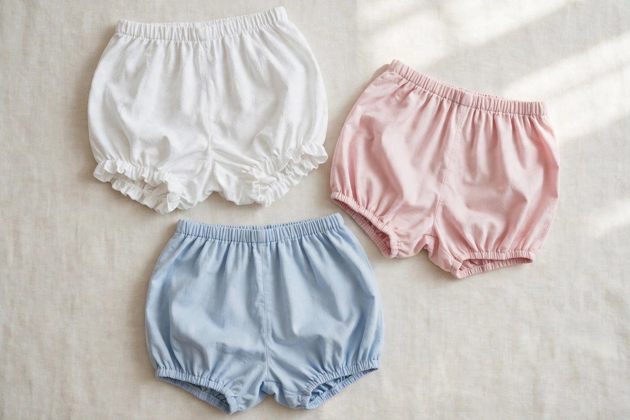 Women's bloomers in soft white and pastel cotton with gathered legs laid flat on a plain background